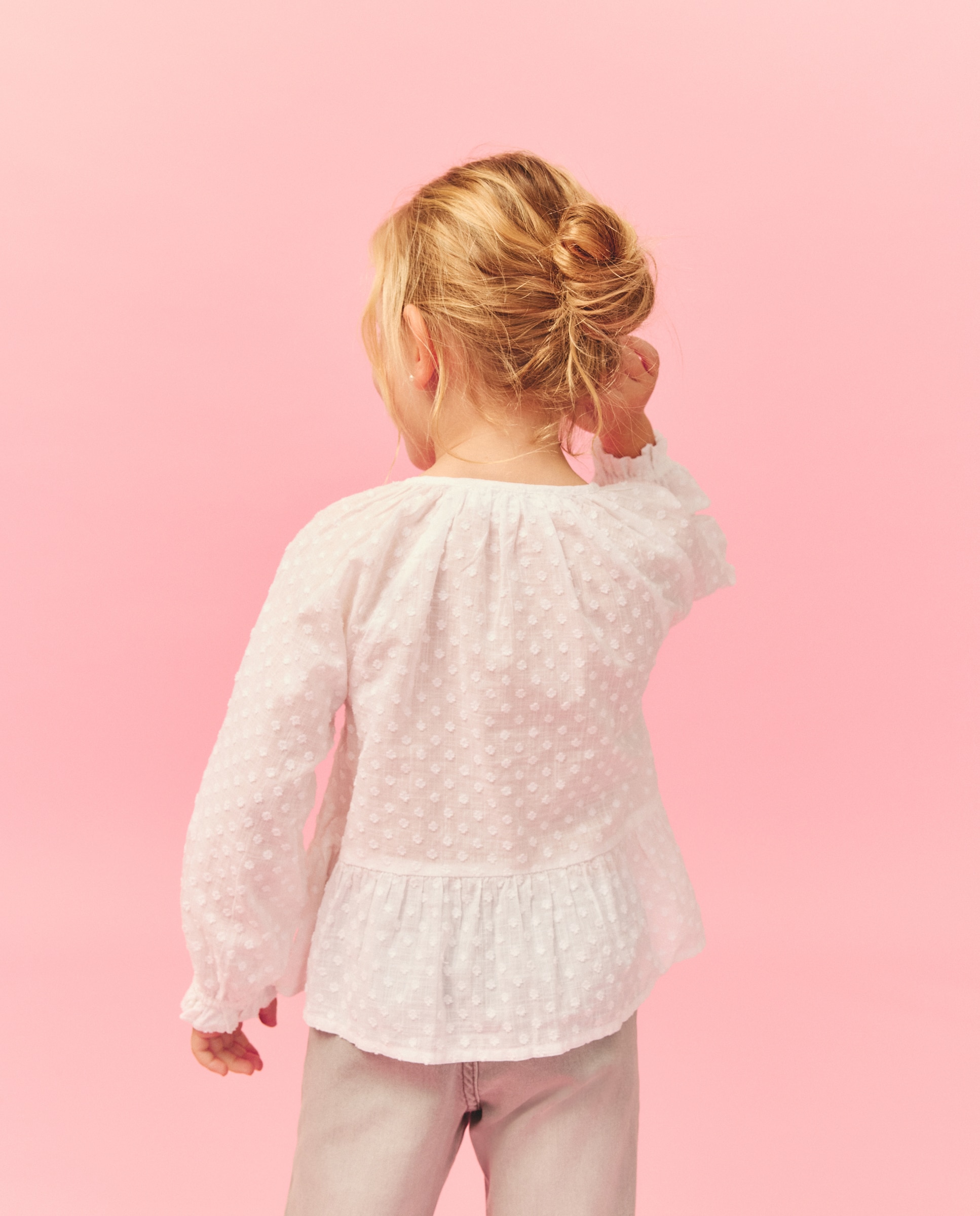 Blusa de Manga Comprida Romântica com Pregas à Frente e Peplum Branco-marfim-3
