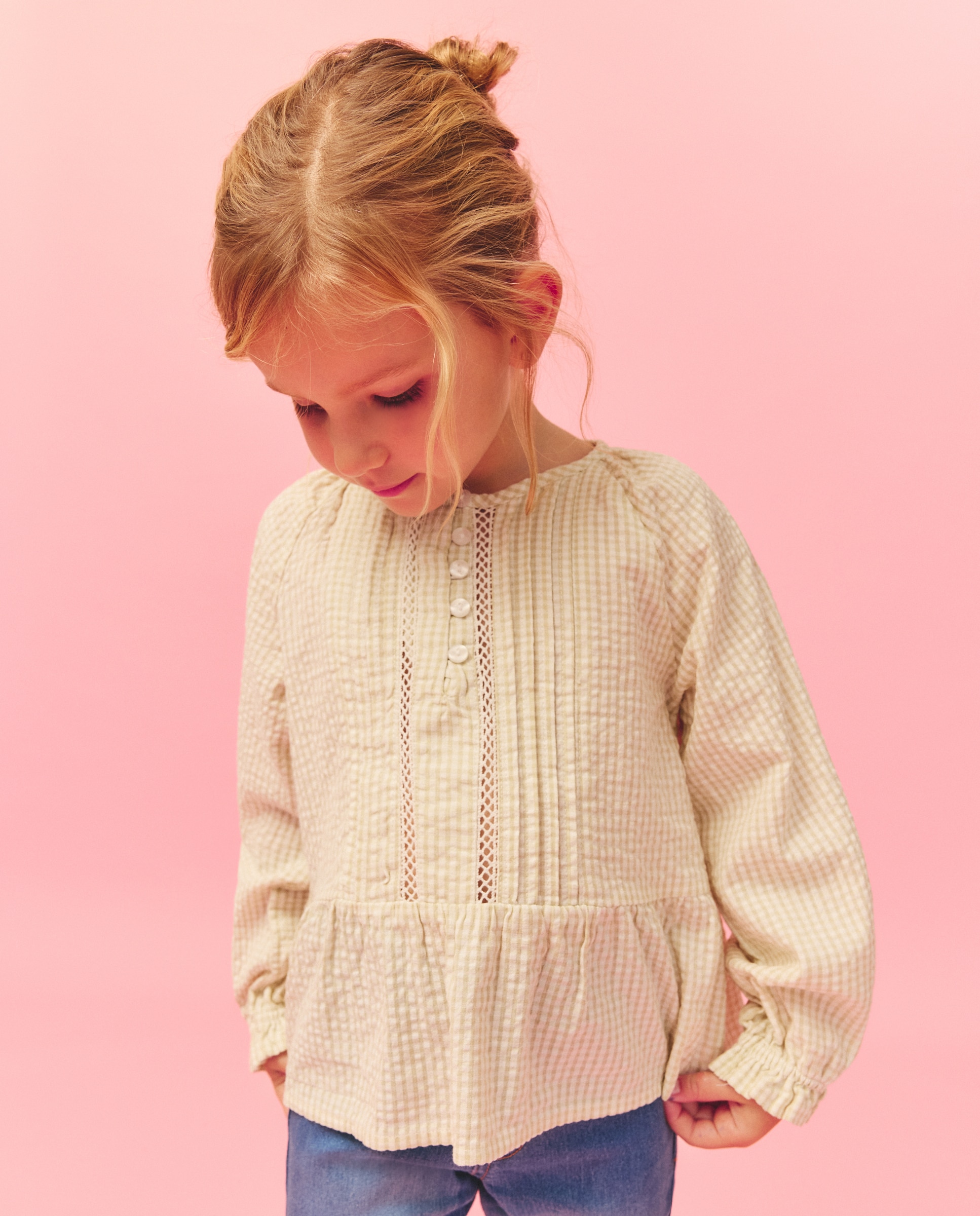 Blusa de Manga Comprida Romântica com Pregas à Frente e Peplum Kids El Corte Inglés Verde-1