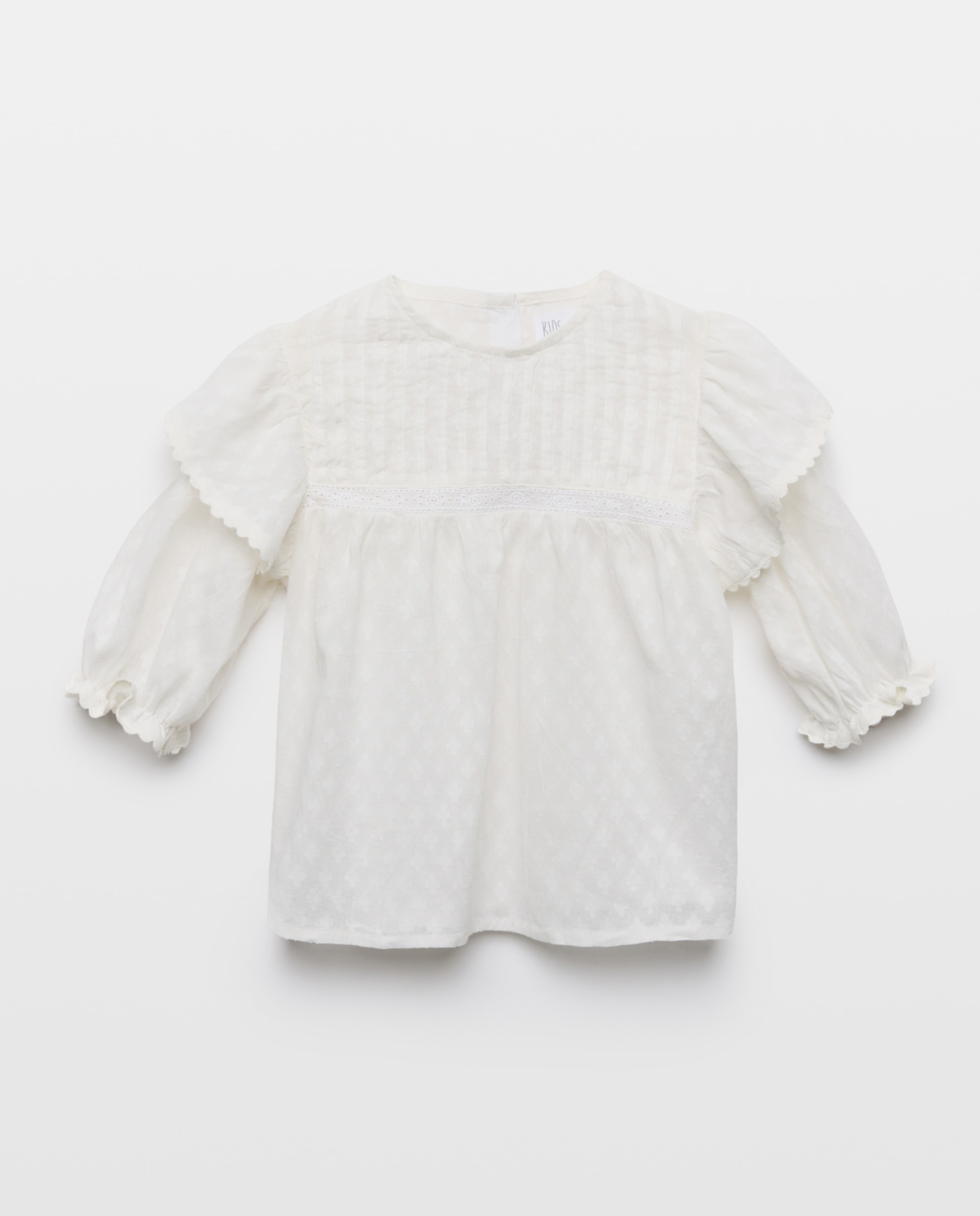 Blusa de Manga Comprida Romântica com Pregas e Folho no Ombro Branco-marfim-4