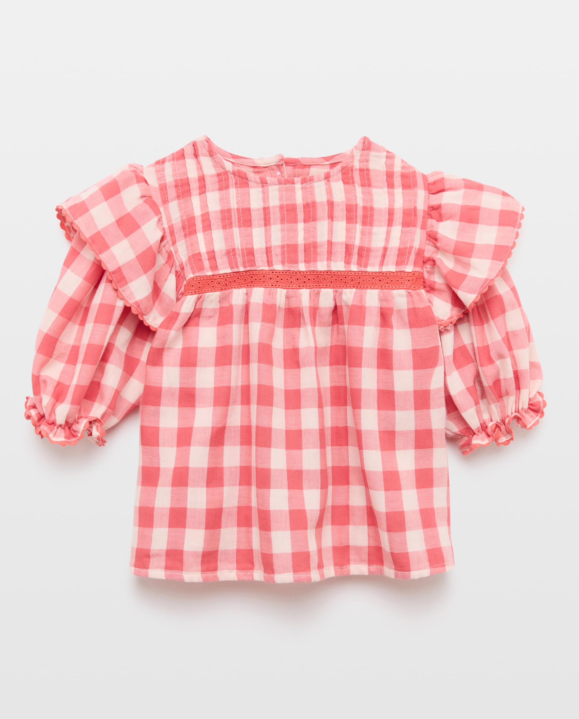 Blusa de Manga Comprida Romântica com Pregas e Folho no Ombro Vermelho-4