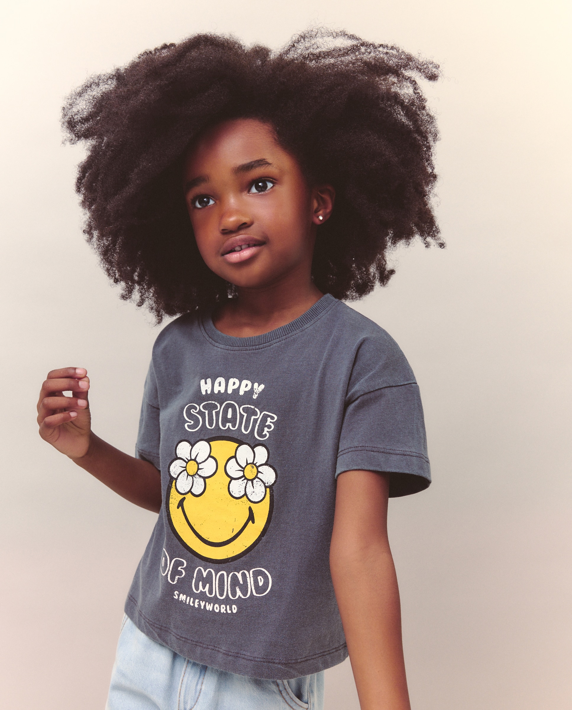 T-shirt de Manga Curta às Riscas e com Malmequeres Cinzento-2