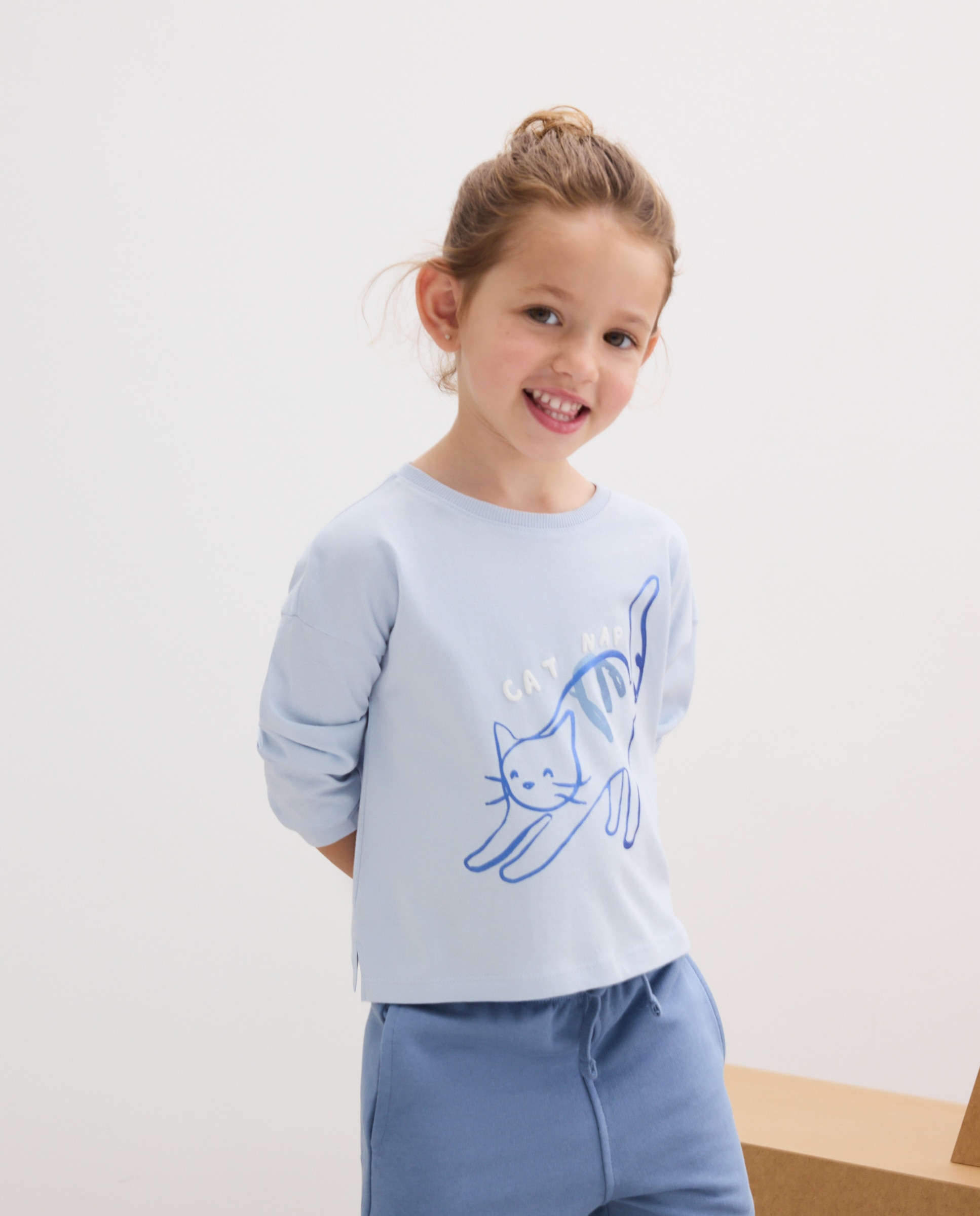 T-shirt de Criança com Manga Comprida com Estampado Posicional de Gato Kids El Corte Inglés Azul-1