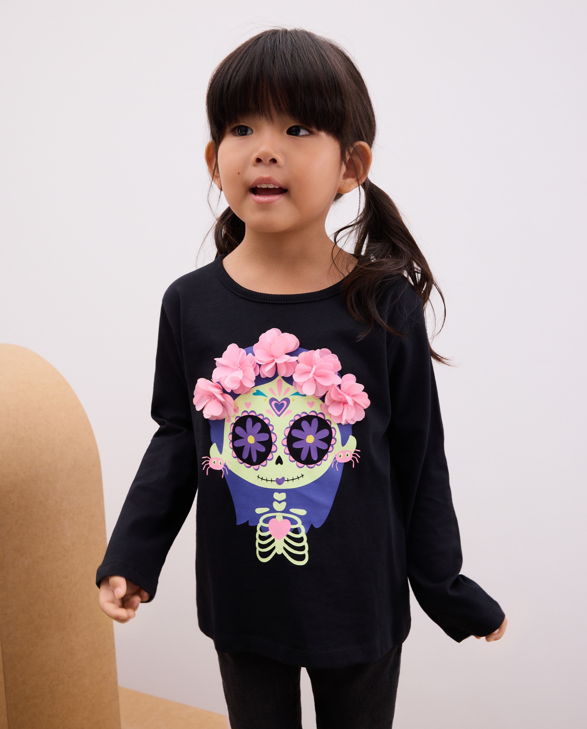 T-shirt de Criança com Manga Comprida Halloween Catrina Glow In The Dark Cinzento-2