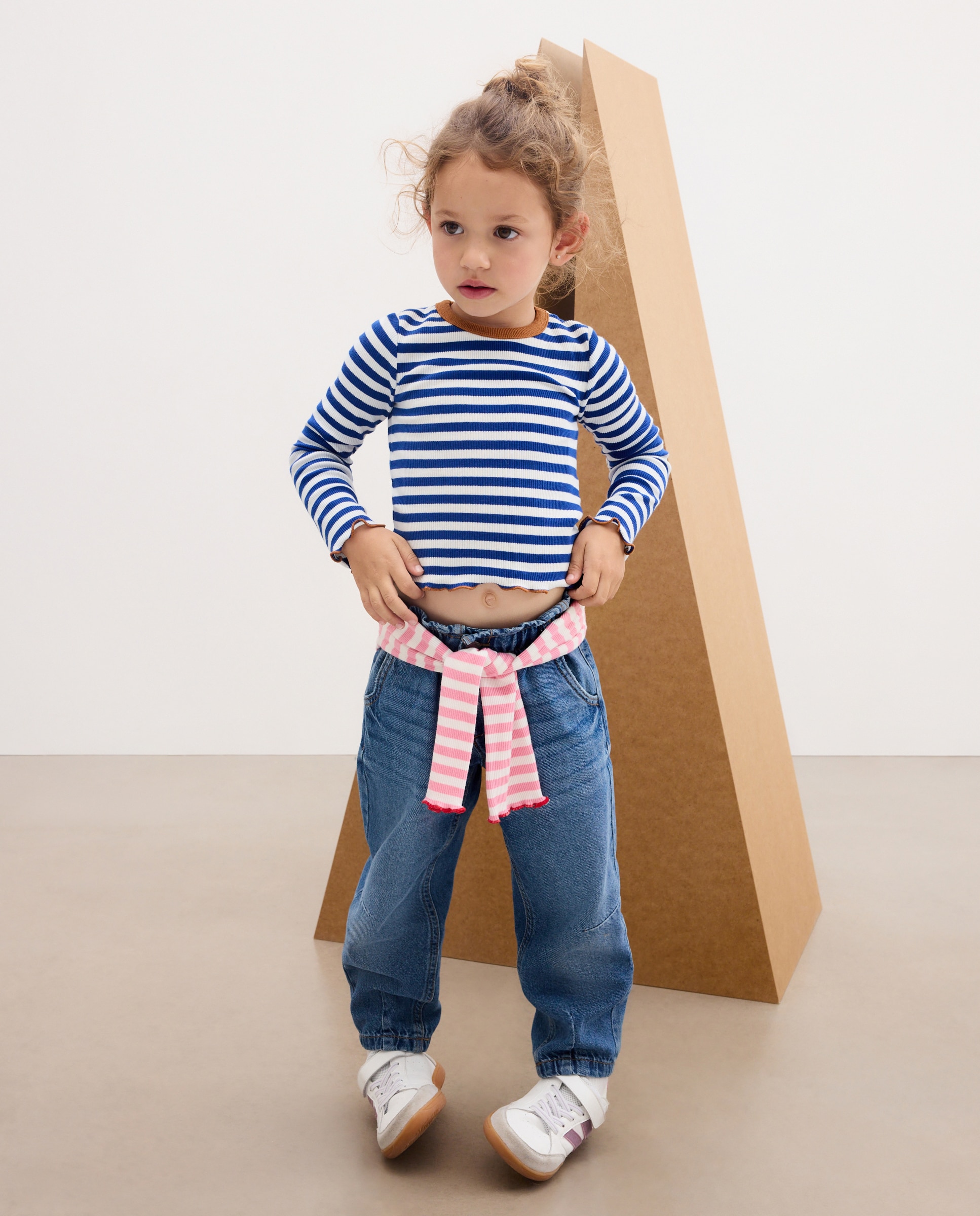Camiseta manga larga rib rayas con vivo y overlock a contraste de niña - Kids El Corte Inglés - Azul Azul-1