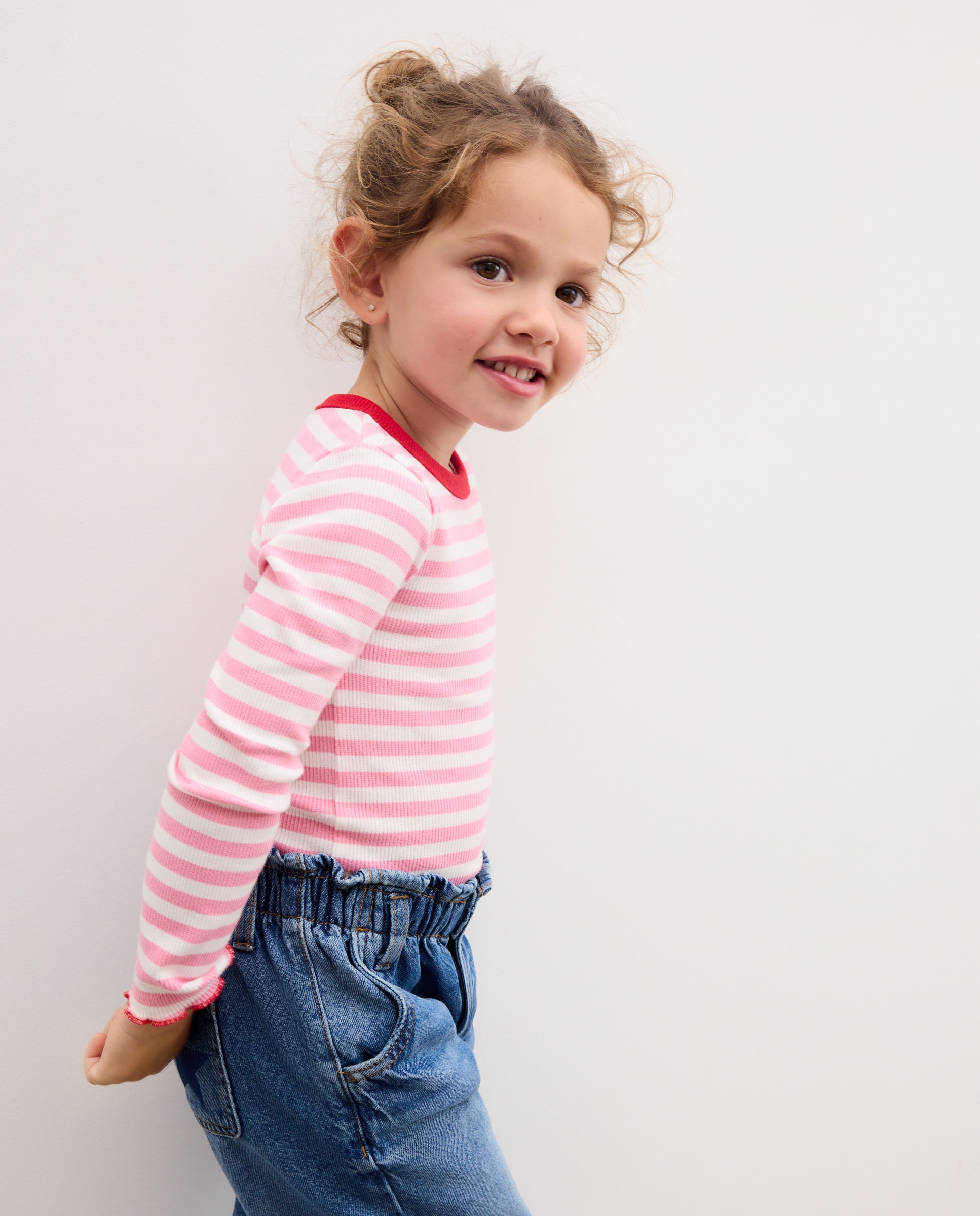 Camiseta manga larga rib rayas con vivo y overlock a contraste de niña - Kids El Corte Inglés - Rosa Rosa-1
