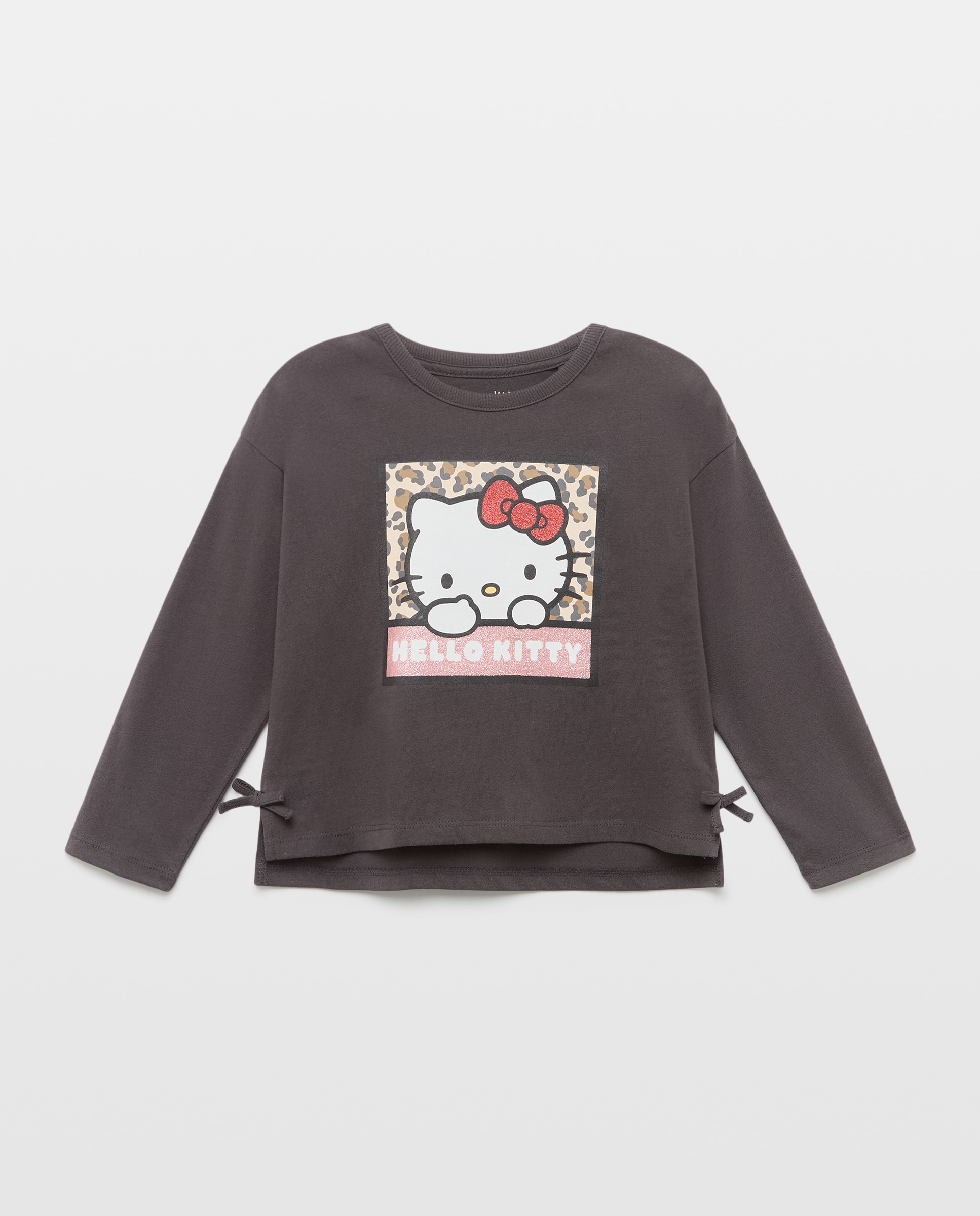 Imagen 0 de Camiseta manga larga con print posicional "HELLO KITTY en cuadro con print animal" de niña Gris