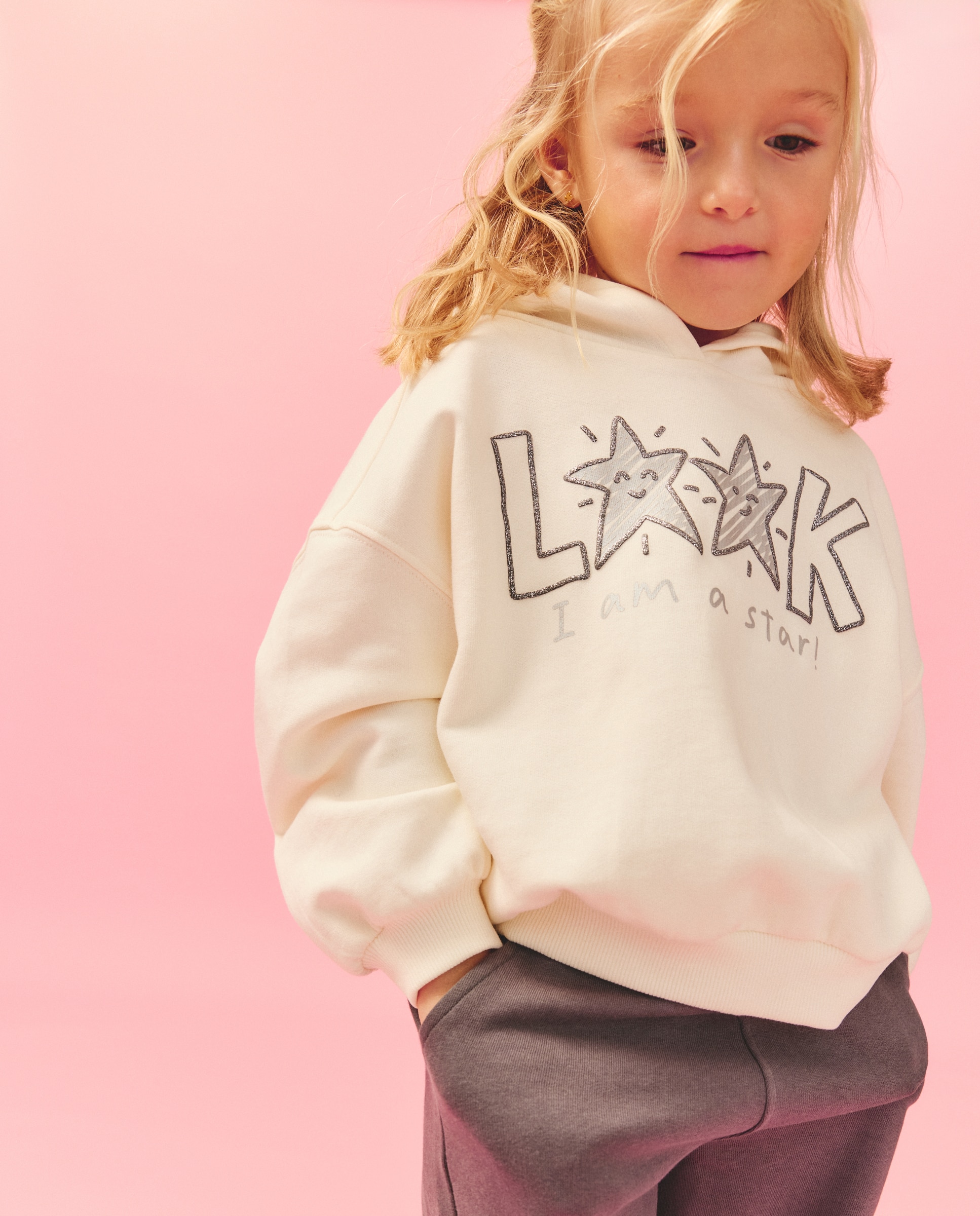 Conjunto de 2 Peças: Sweatshirt Fechada com Capuz e Estampado Posicional e Calças Wide Leg Branco-2