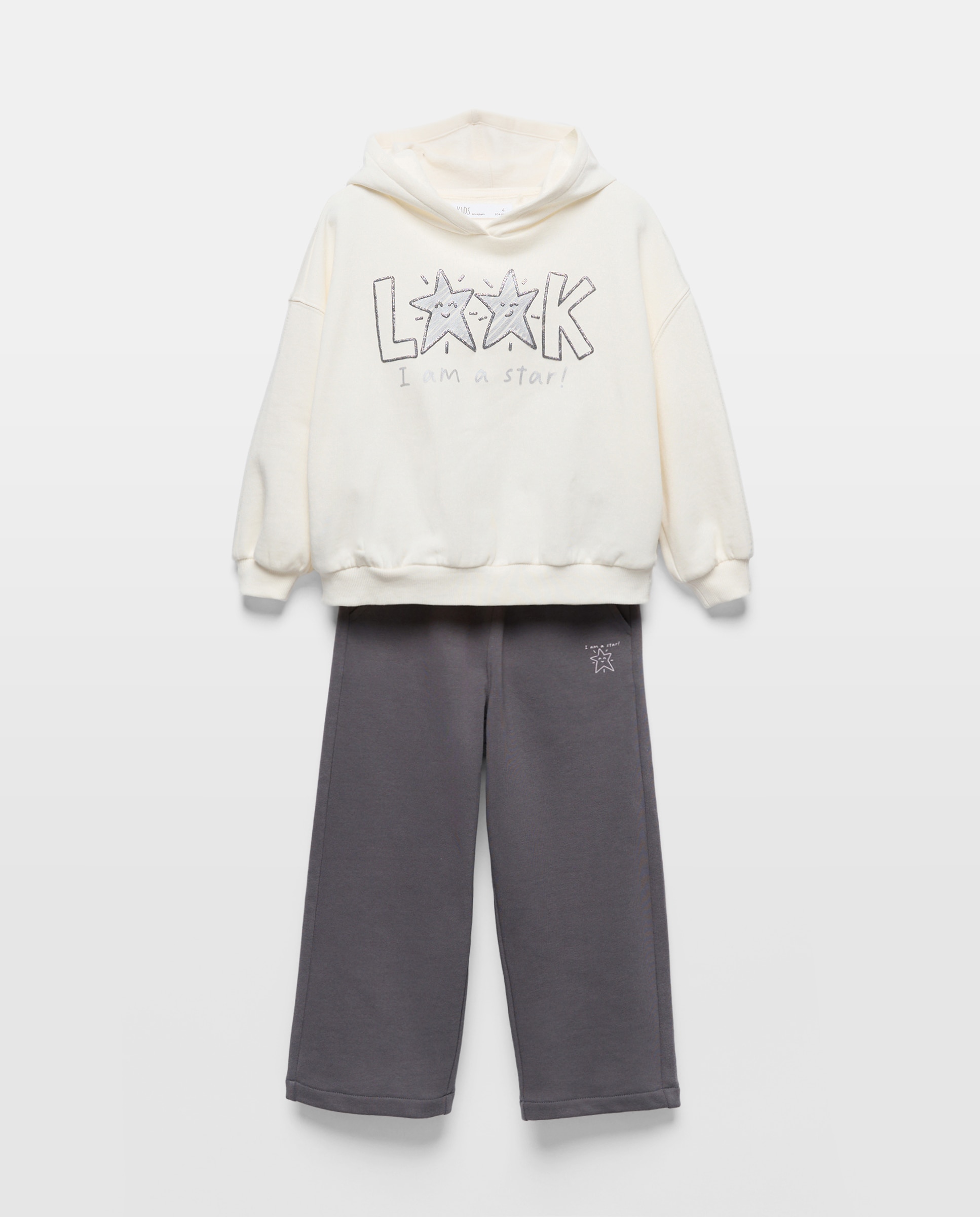 Conjunto de 2 Peças: Sweatshirt Fechada com Capuz e Estampado Posicional e Calças Wide Leg Branco-4
