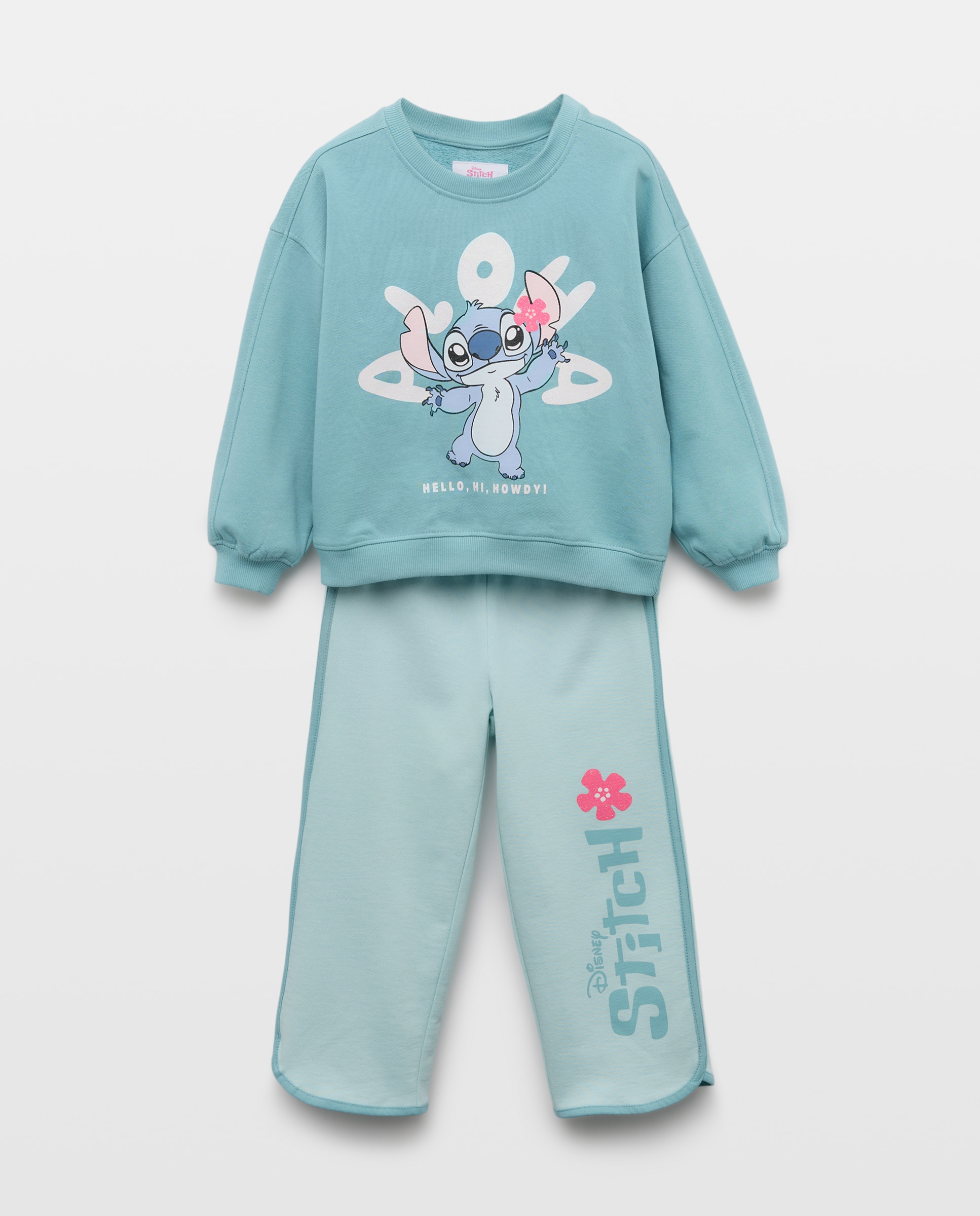 Conjunto com Estampado Stitch: Sweatshirt com Decote Redondo e Calças Largas com Piping em Contraste Kids El Corte Inglés Verde-4