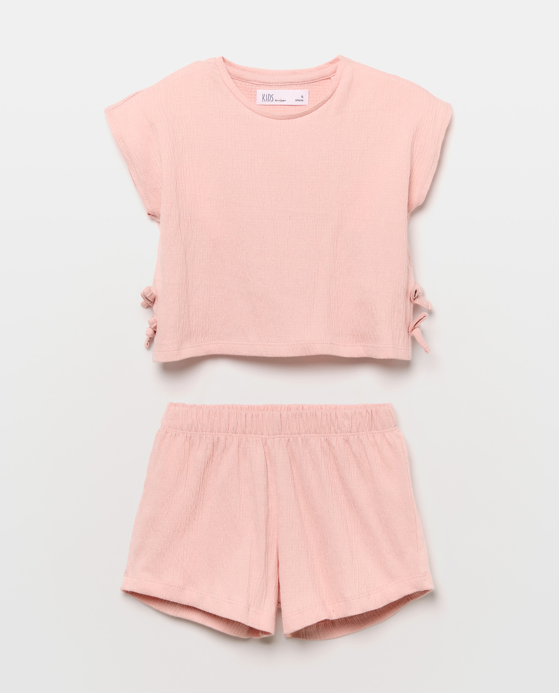 Conjunto Curto de Tecido Wrinkled com Laços Laterais 200 Rosa-5