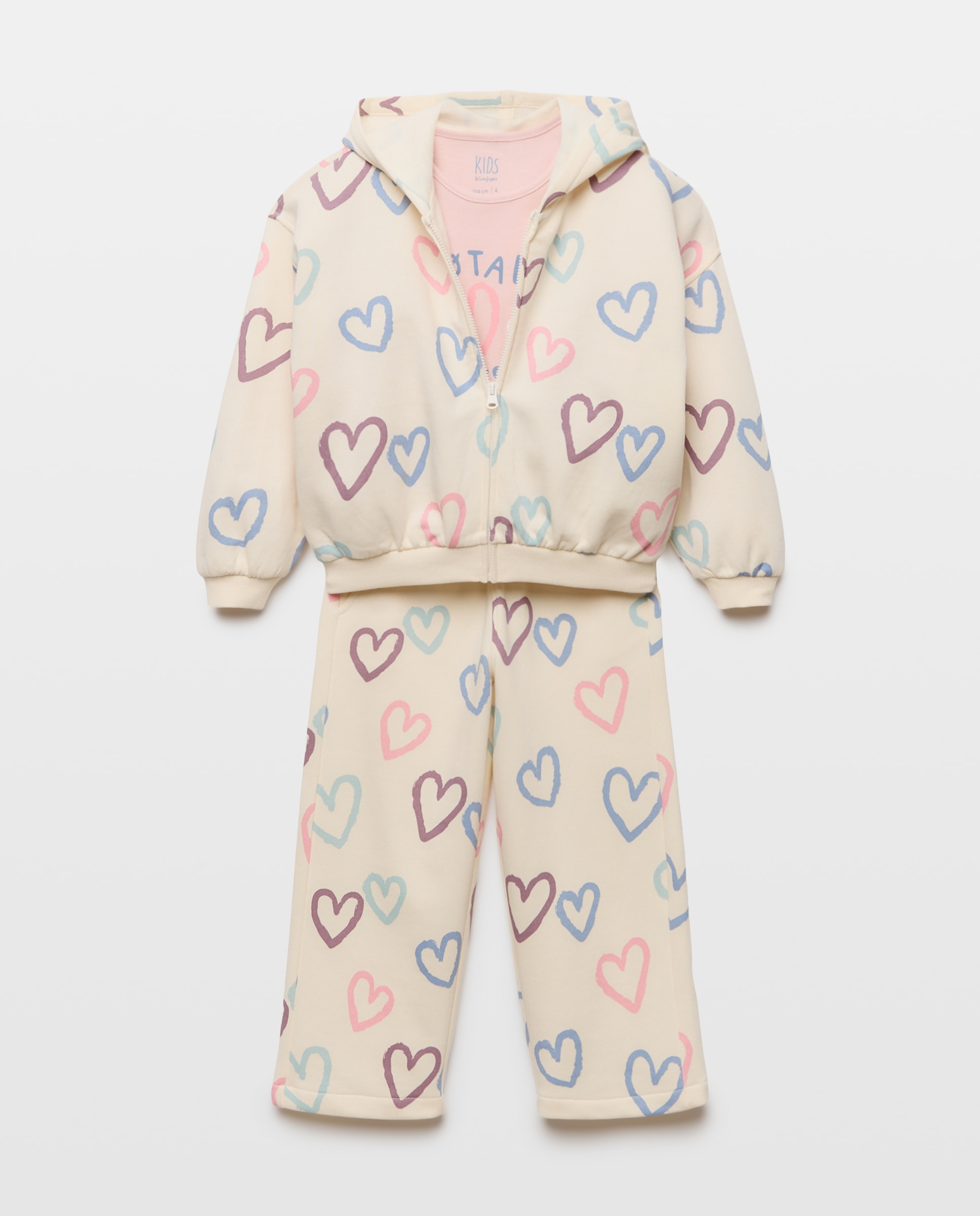 Conjunto de Três Peças de Criança em Fantasia com Sweatshirt Aberta com Capuz e Estampado All Over e Calças com Estampado All Over de Corações Branco-4