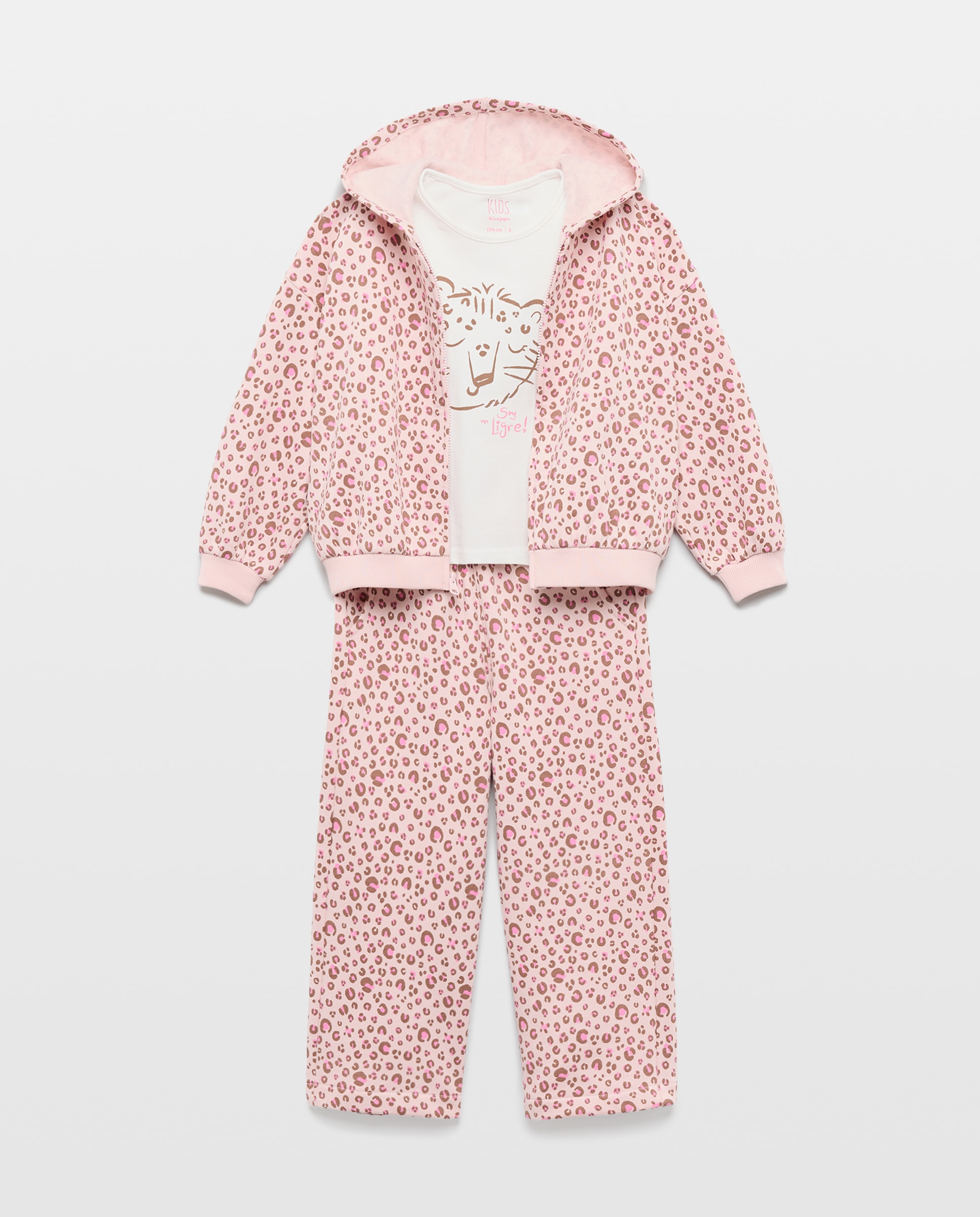 Conjunto de Três Peças de Criança em Fantasia com Sweatshirt Aberta com Capuz e Estampado All Over e Calças com Estampado Animal All Over Rosa-4