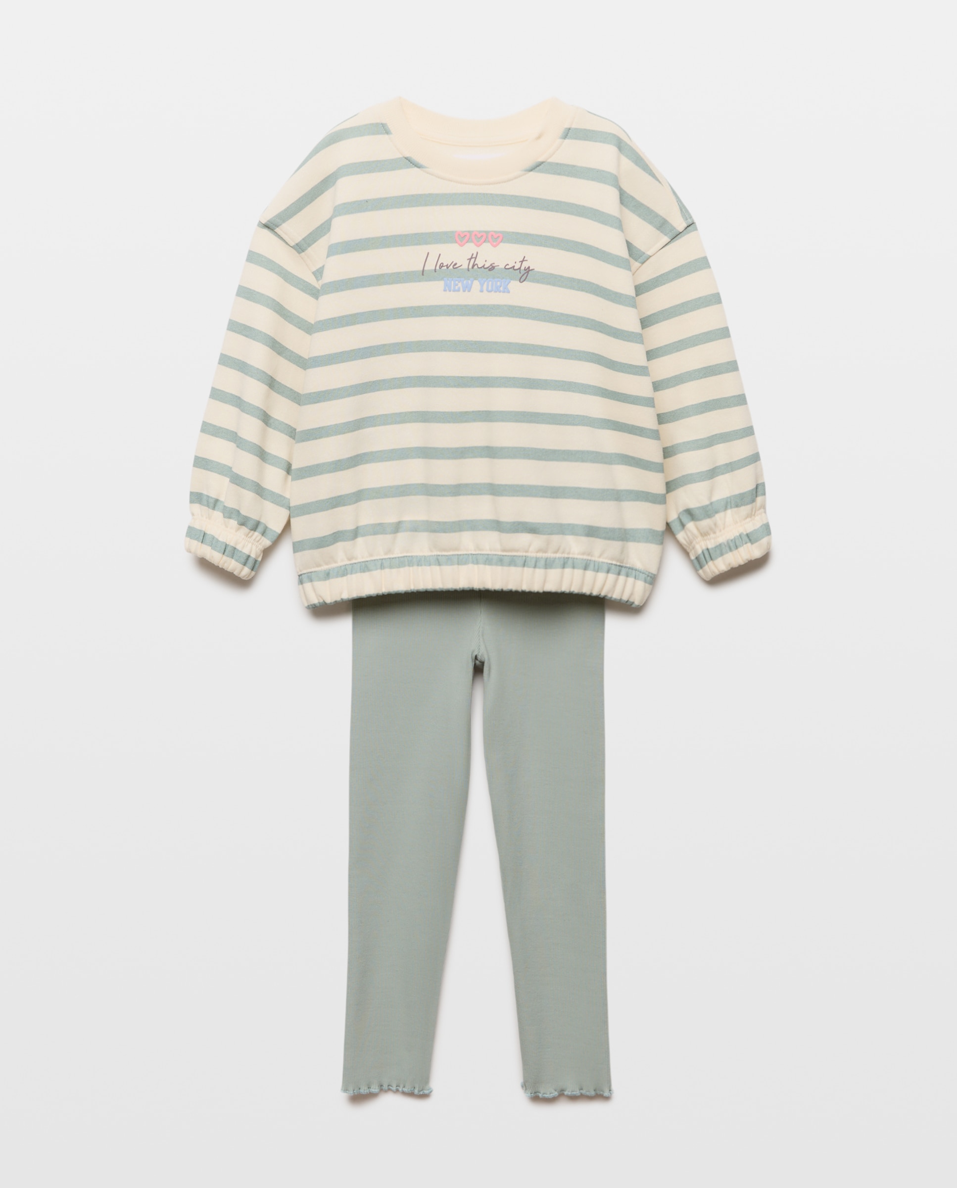 Conjunto de 2 Peças de Criança com Sweatshirt às Riscas e Mini Estampado Posicional com Leggings Caneladas Verde-4
