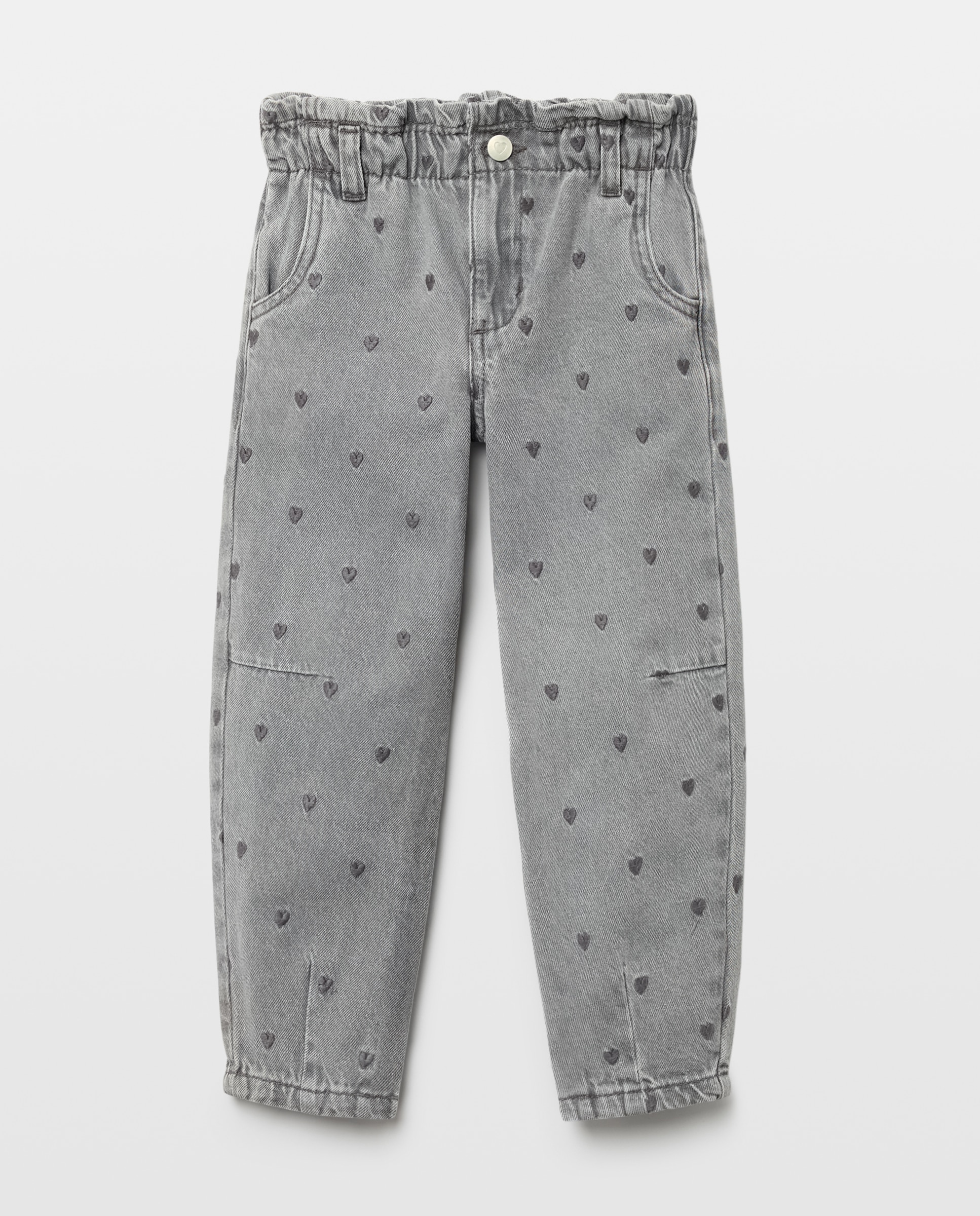 Pantalón denim barrel con gomas y bordado fantasía de niña - Kids El Corte Inglés - Gris Gris-1