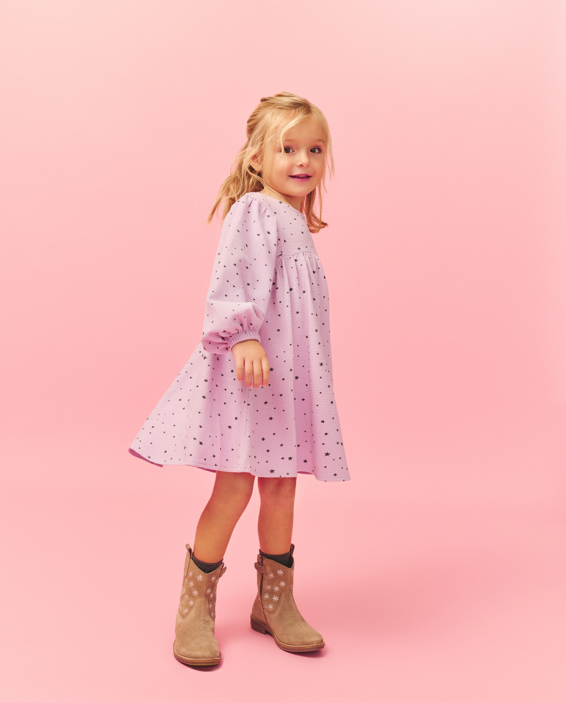 Vestido Gofrado com Manga Comprida e Estampado com Elásticos no Peito Kids El Corte Inglés Rosa-2
