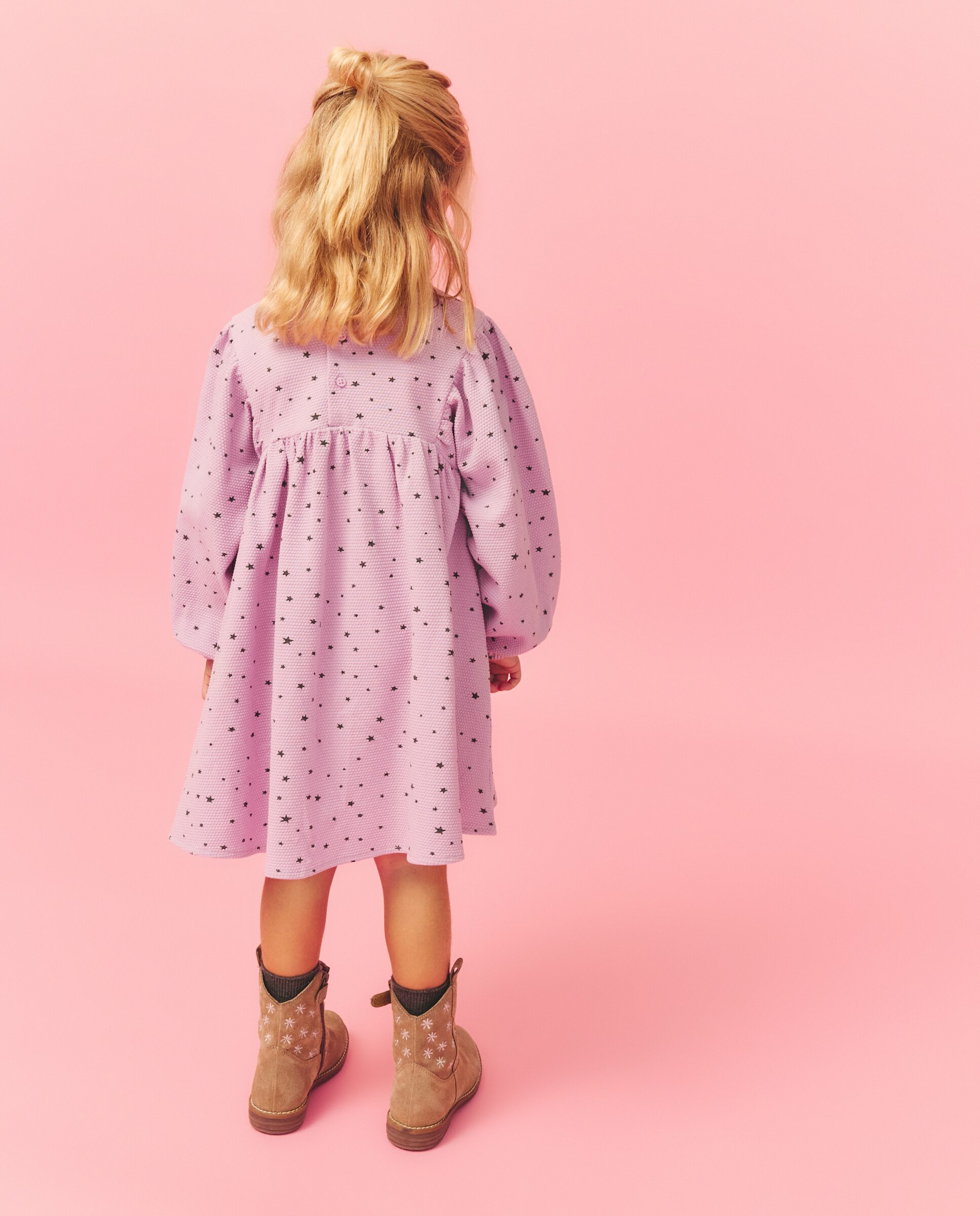 Vestido Gofrado com Manga Comprida e Estampado com Elásticos no Peito Kids El Corte Inglés Rosa-3
