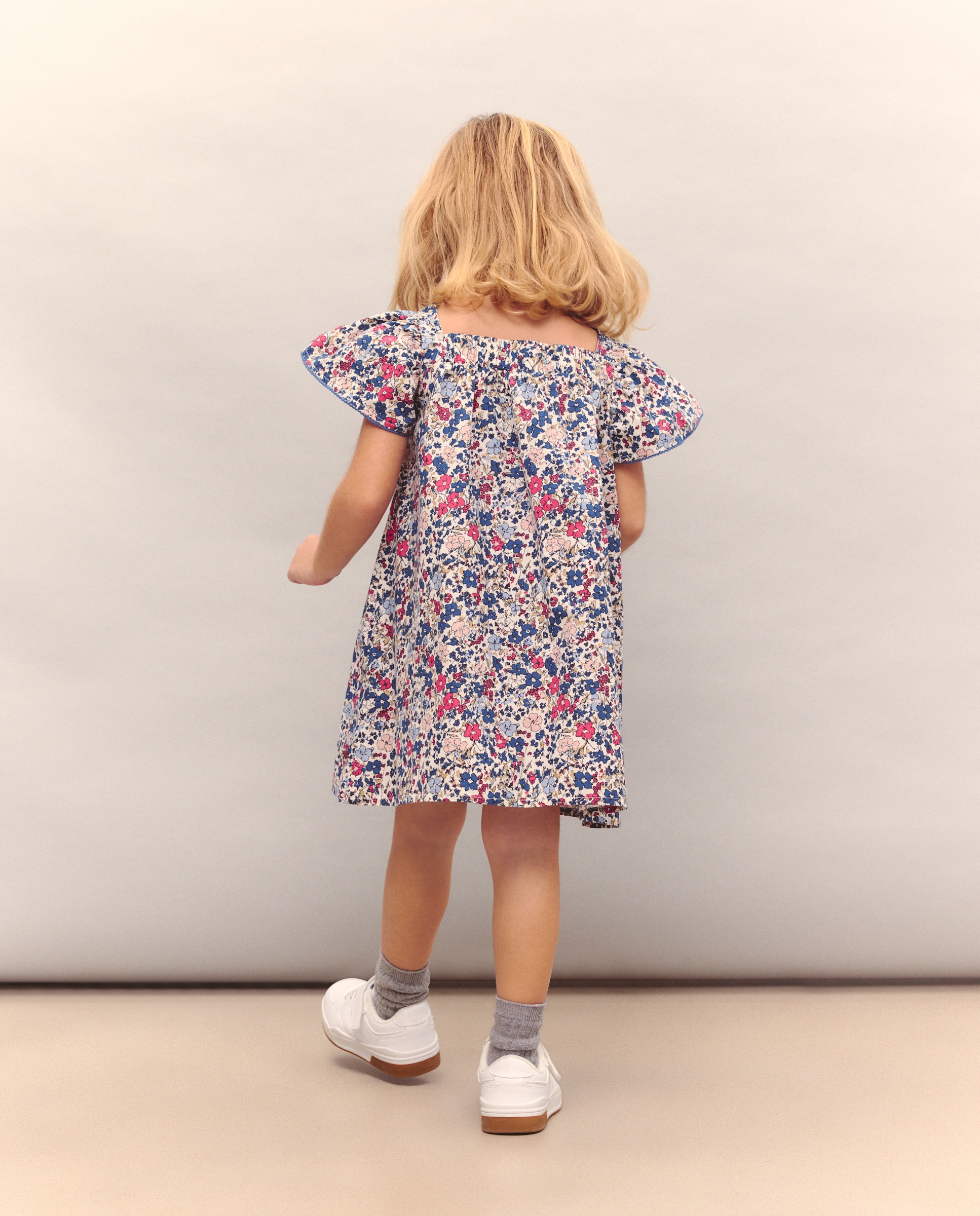 Vestido Estampado de Manga Curta em Popelina com Renda no Decote Kids El Corte Inglés Azul-3