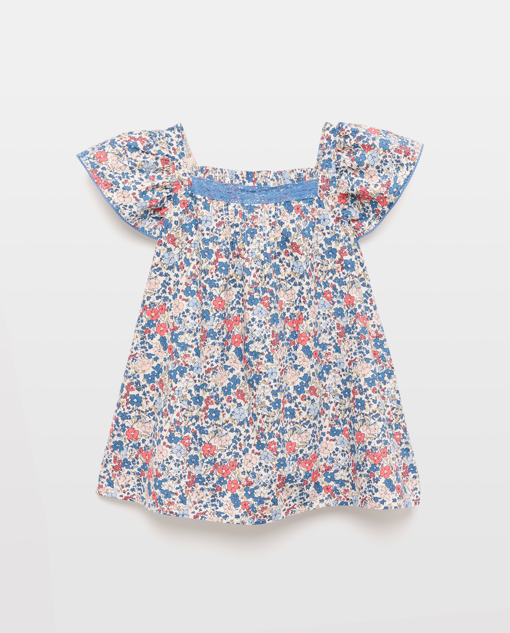 Vestido Estampado de Manga Curta em Popelina com Renda no Decote Kids El Corte Inglés Azul-5