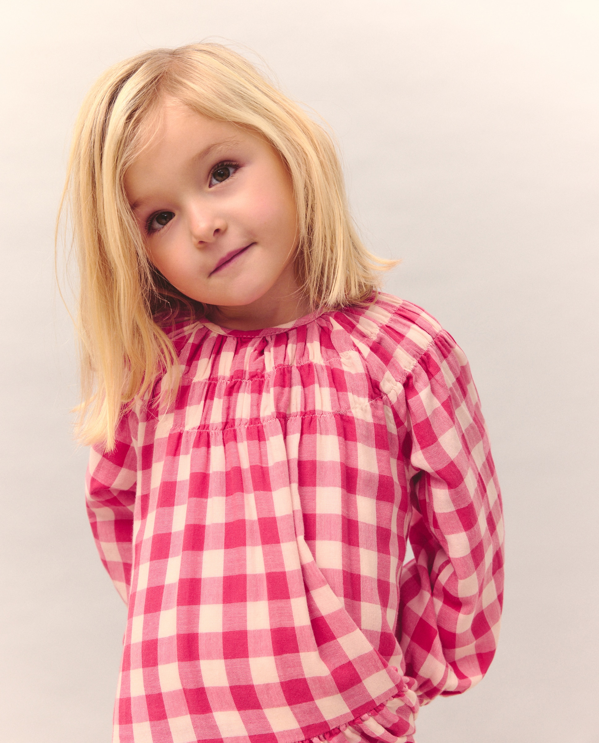 Vestido de Manga Comprida em Chiffon Duplo com Vichy e Gola Smock com Elásticos Vermelho-1