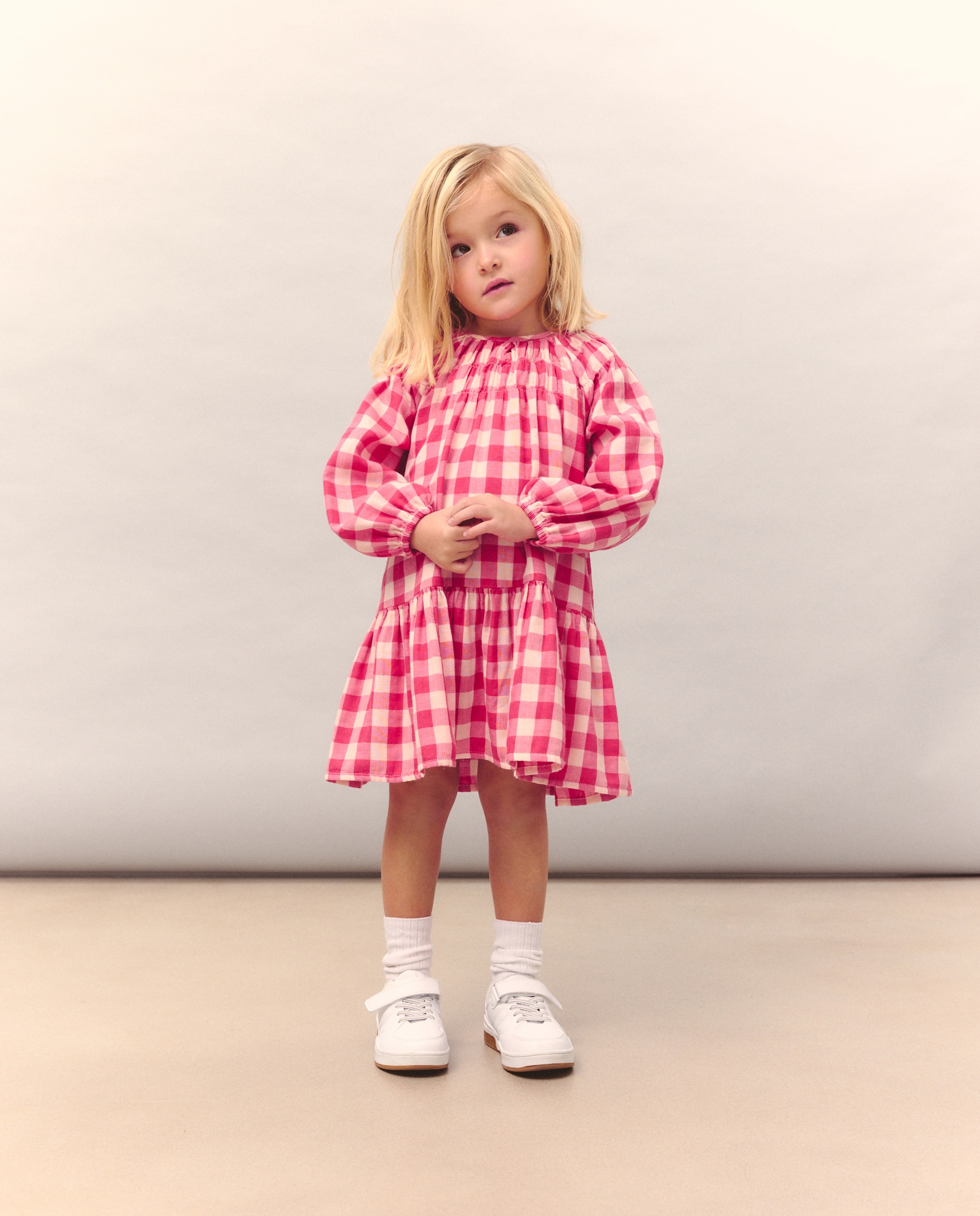 Vestido de Manga Comprida em Chiffon Duplo com Vichy e Gola Smock com Elásticos Vermelho-2