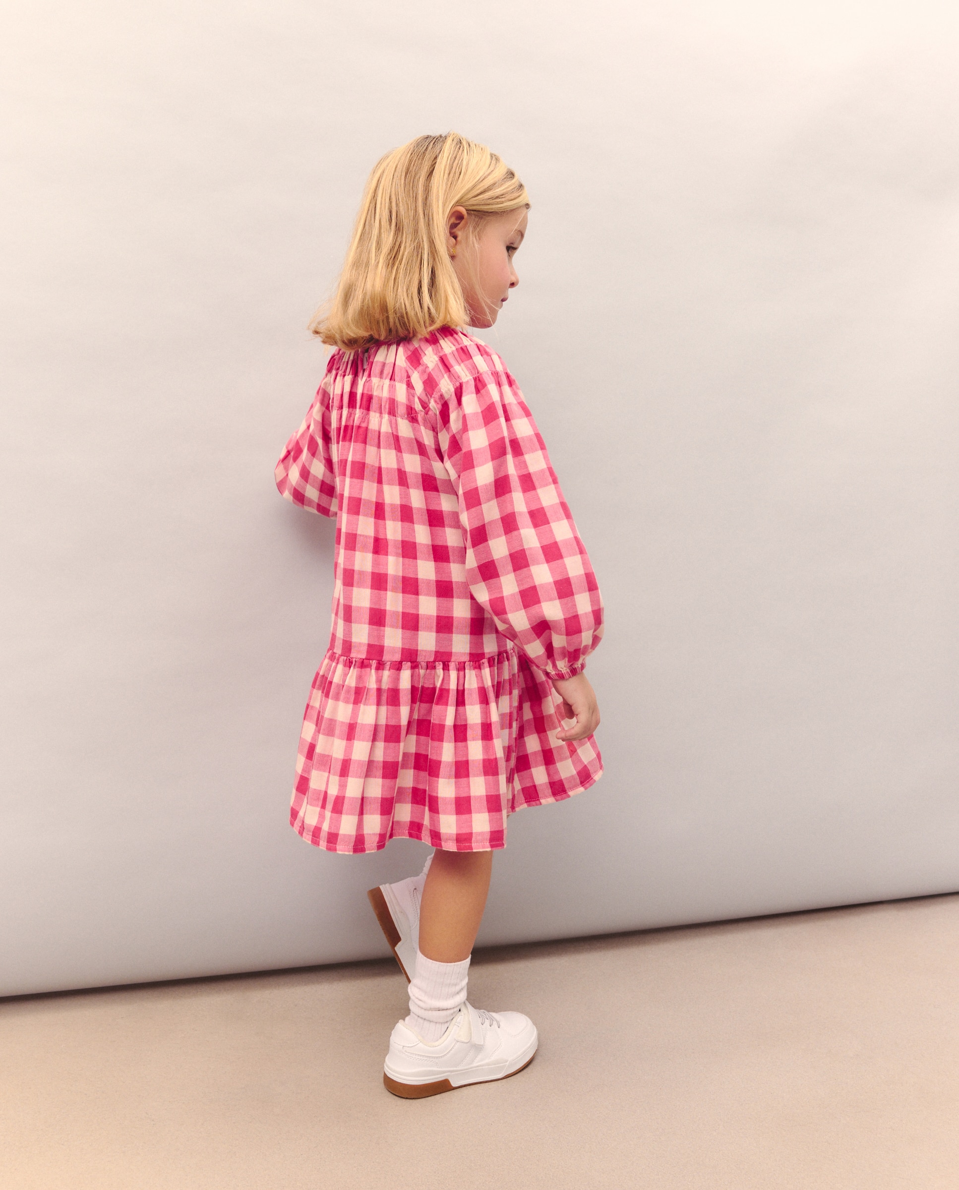 Vestido de Manga Comprida em Chiffon Duplo com Vichy e Gola Smock com Elásticos Vermelho-3