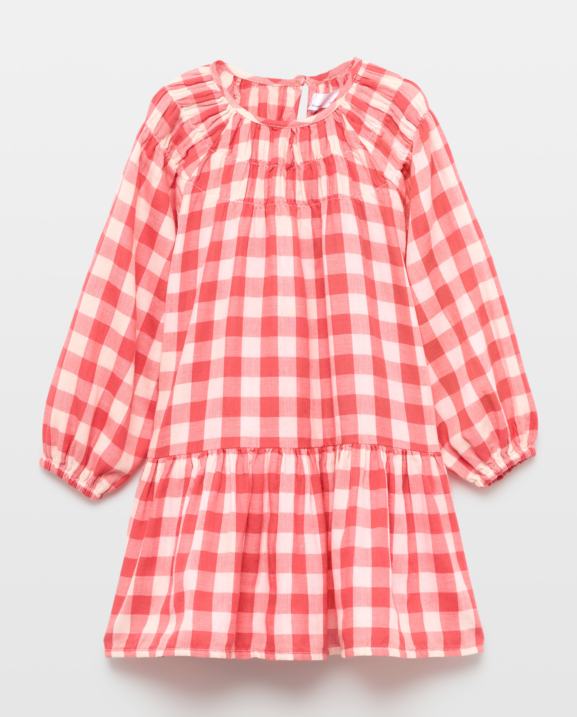 Vestido de Manga Comprida em Chiffon Duplo com Vichy e Gola Smock com Elásticos Vermelho-5