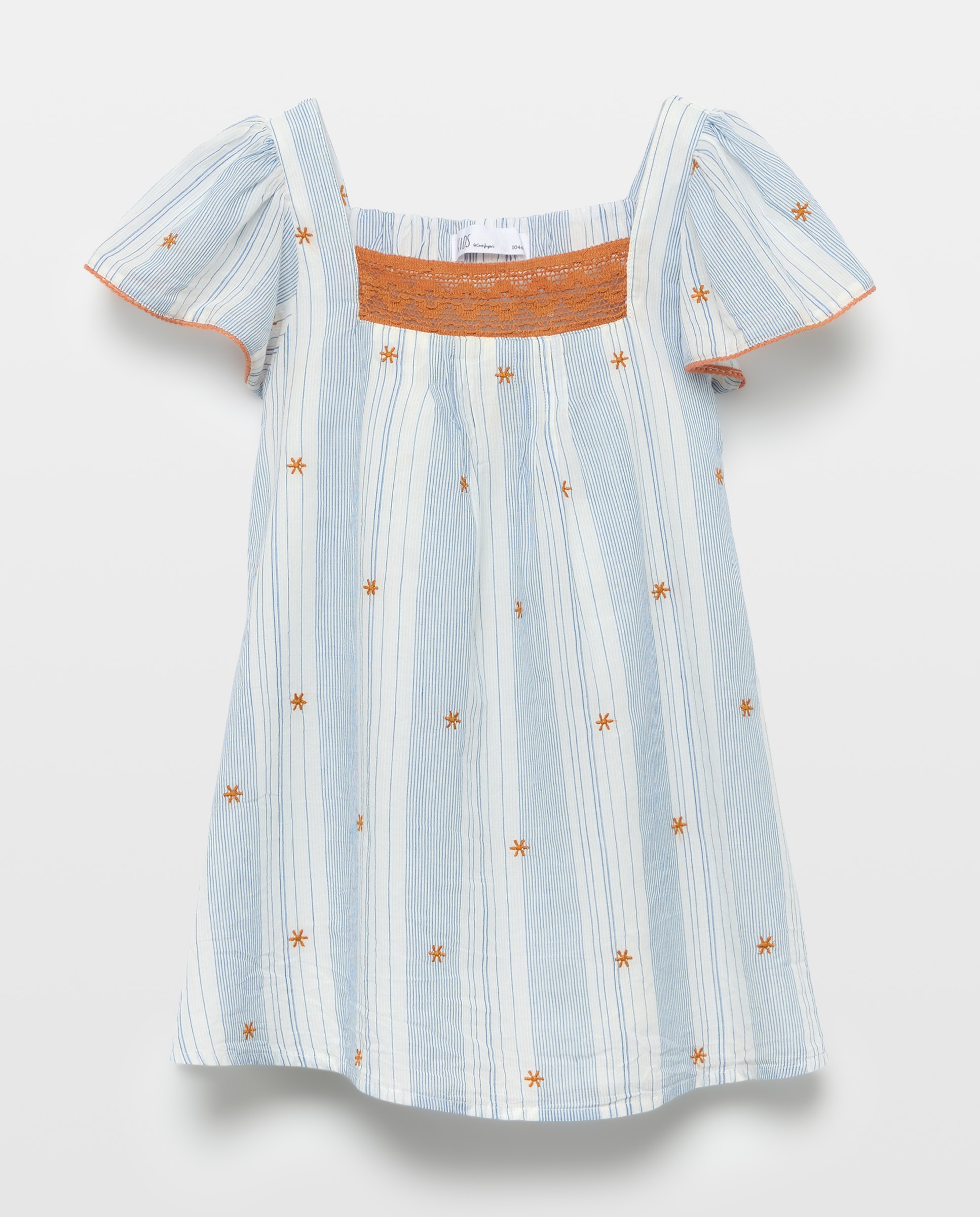 Vestido de Manga Curta às Riscas com Estampado Floral Bordado e Renda no Decote Kids El Corte Inglés Azul-5