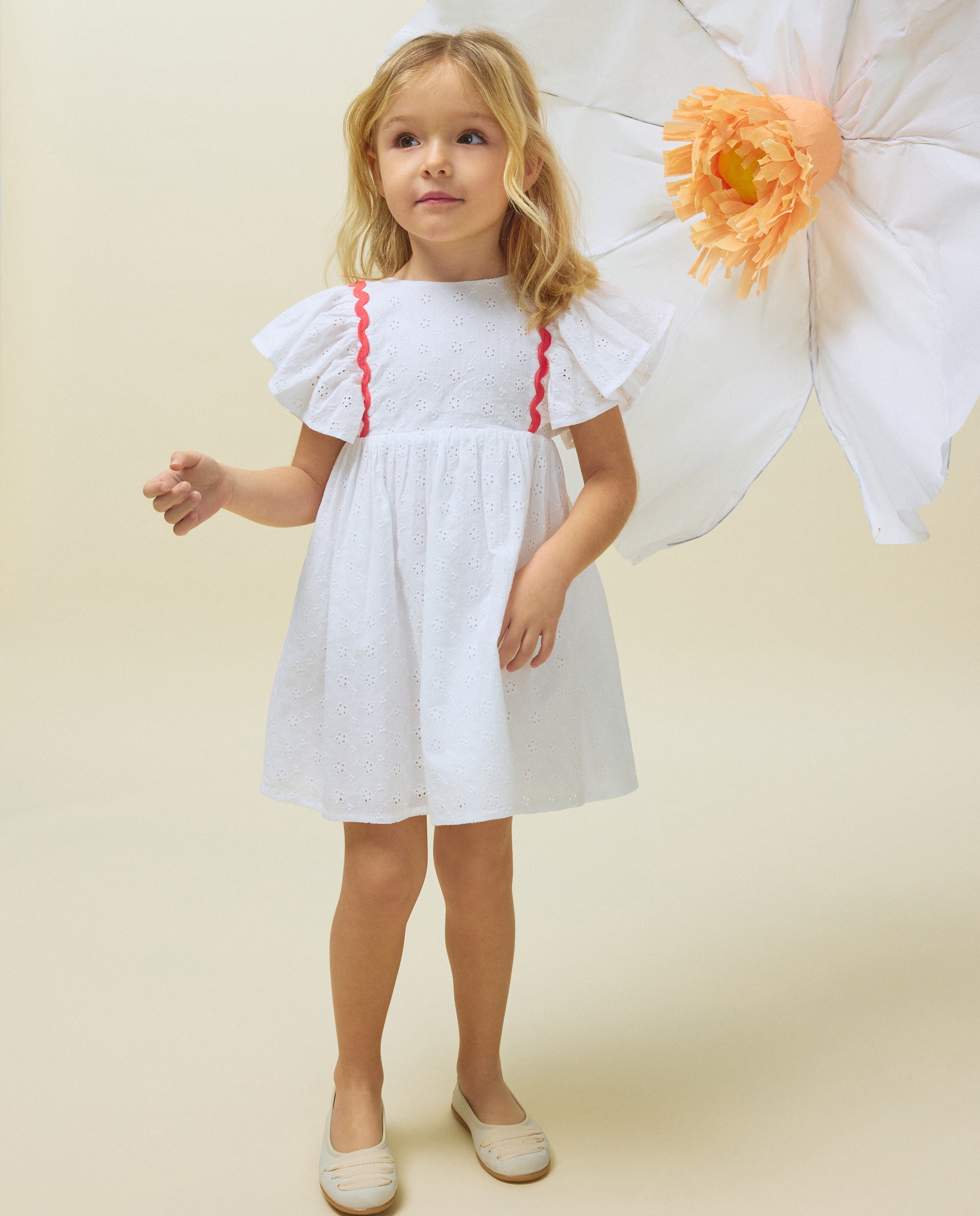 Vestido de Manga Curta com Folhos Laterais Kids El Corte Inglés Branco-2