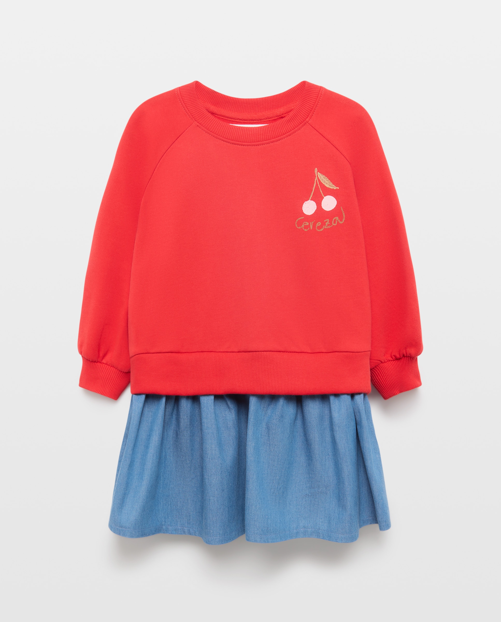 Vestido Combinado de Criança de Felpa com Saia de Ganga com Estampado All Over de Cerejas Kids El Corte Inglés Multicolor-4