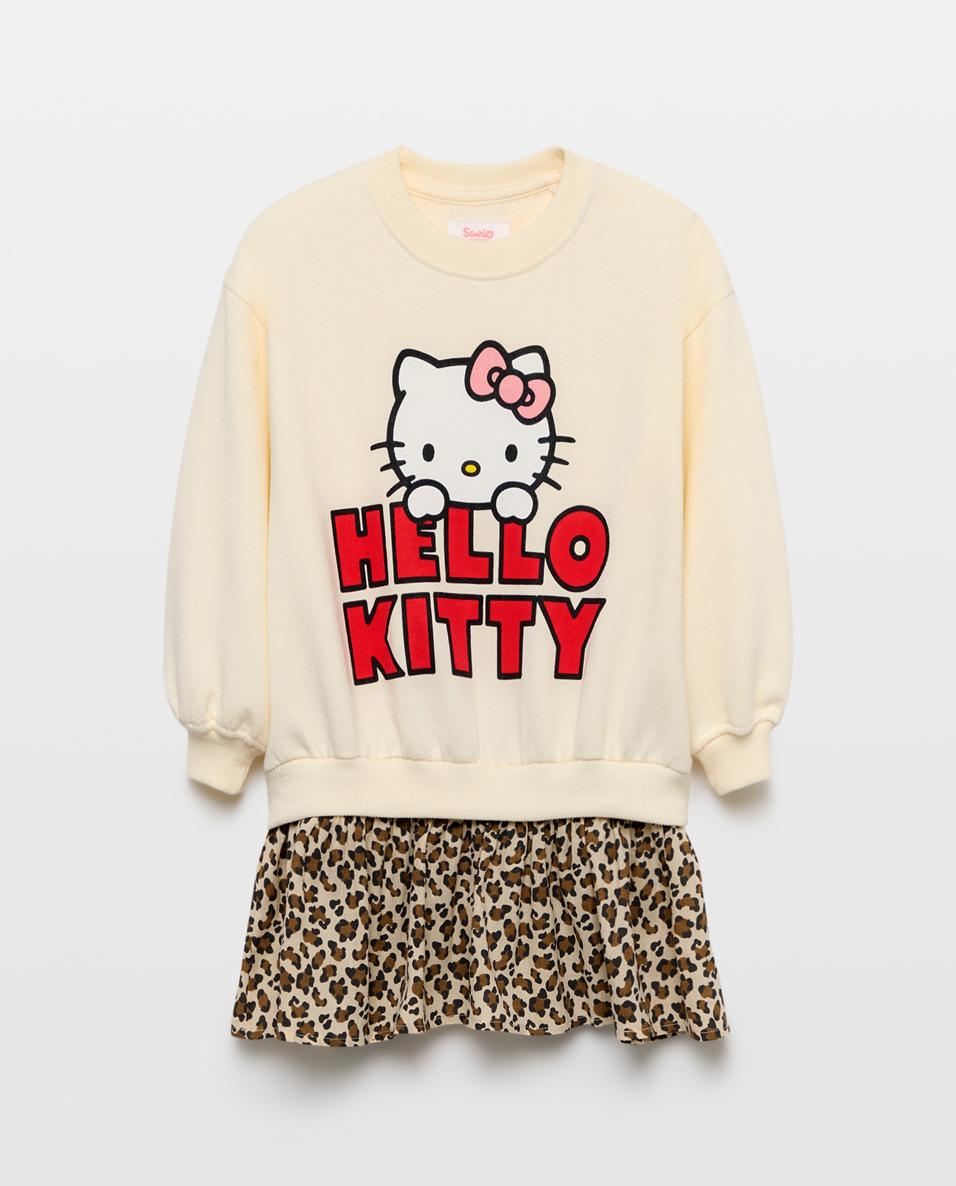 Vestido de Criança com Manga Comprida Combinada com Estampado "HELLO KITTY" e Saia com Estampado Animal Multicolor-4