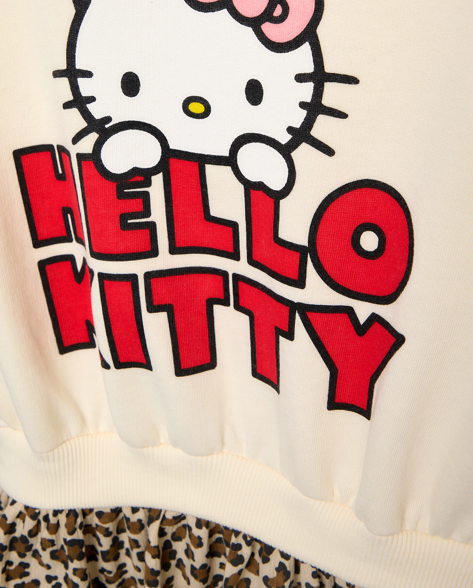 Vestido de Criança com Manga Comprida Combinada com Estampado "HELLO KITTY" e Saia com Estampado Animal Multicolor-5