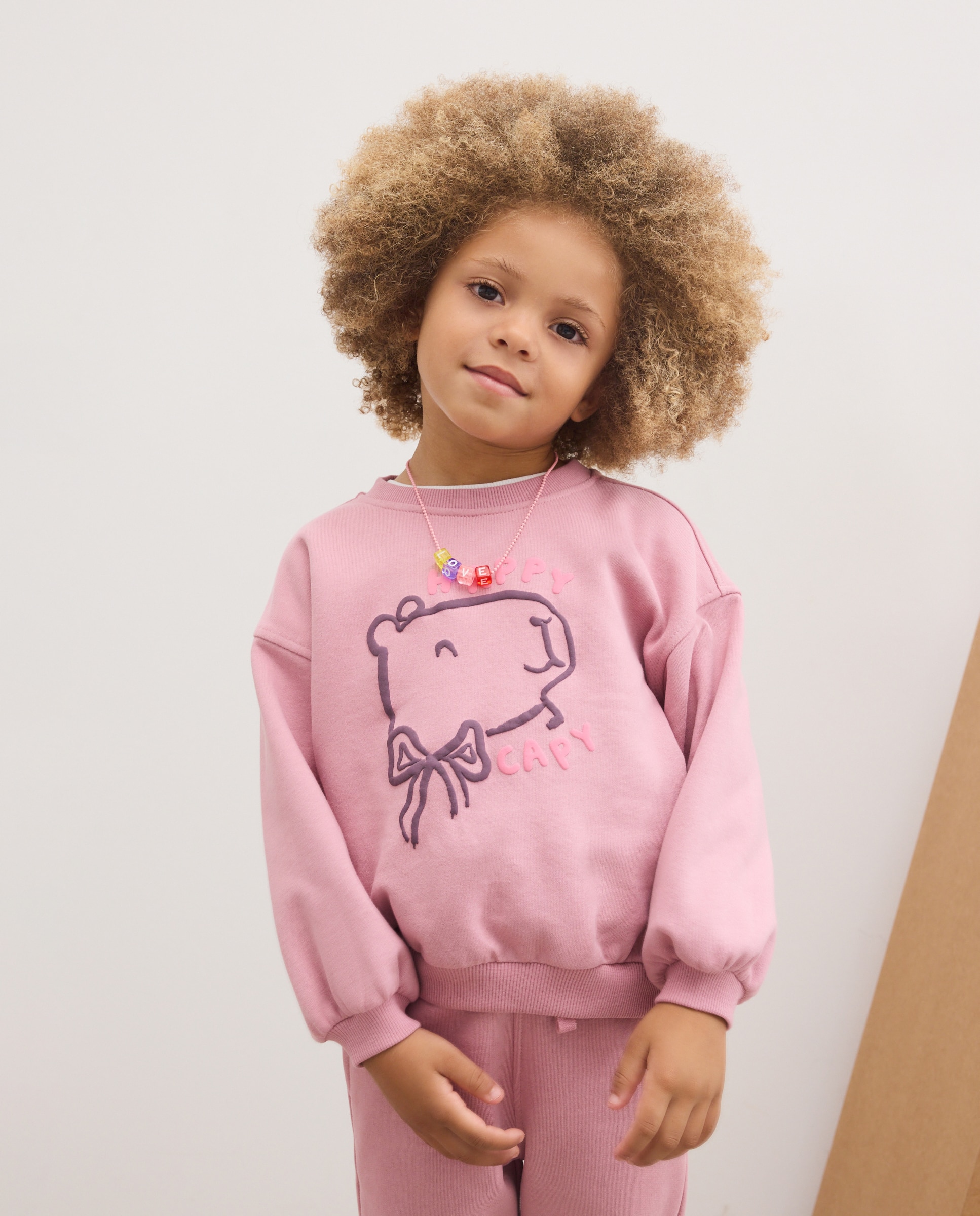 Imagen 0 de Sudadera felpa cuello caja básica con posicional puff print "capibara" de niña Rosa