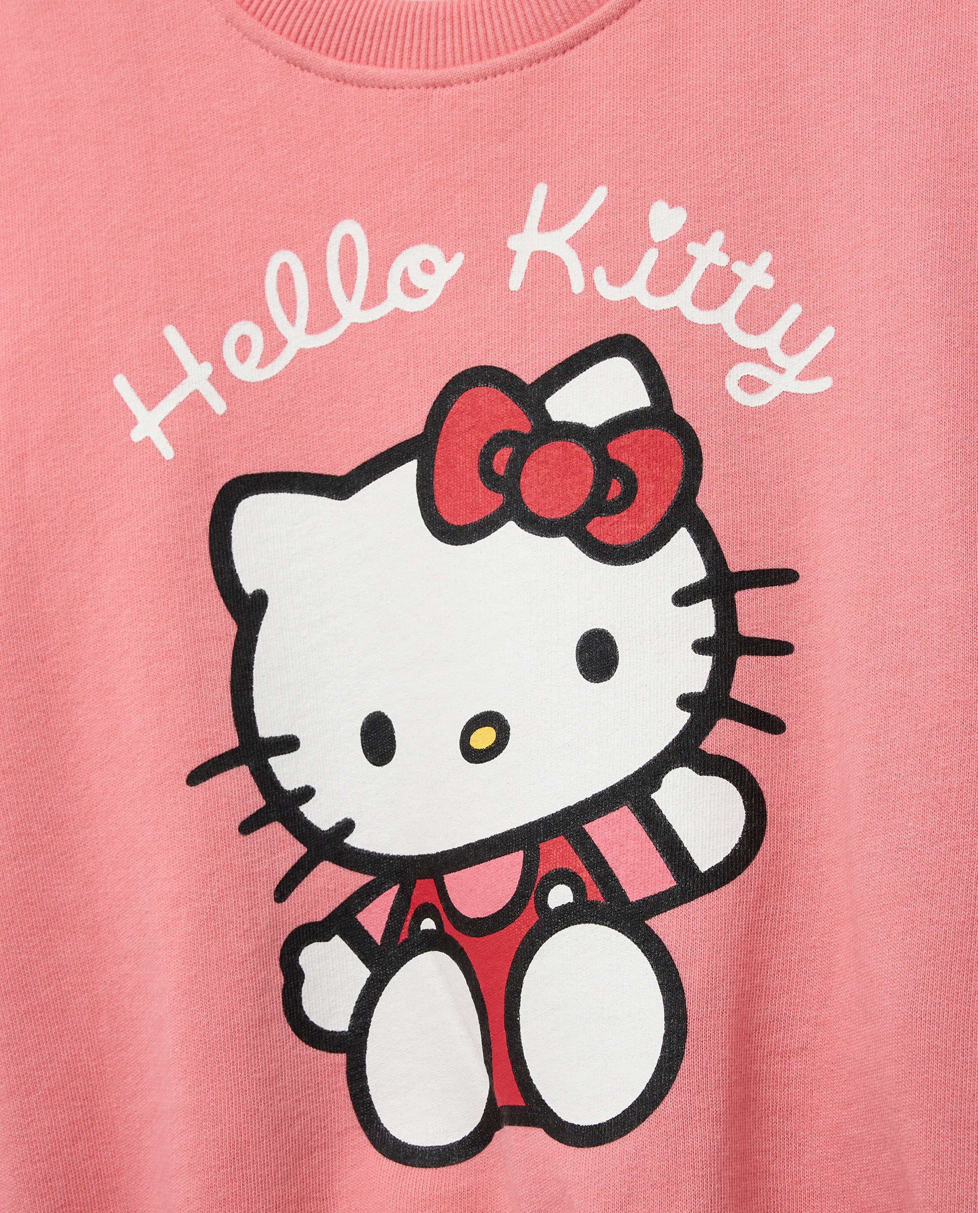 Sweatshirt de Criança com Decote Redondo e Estampado Posicional Hello Kitty a Acenar Rosa-2