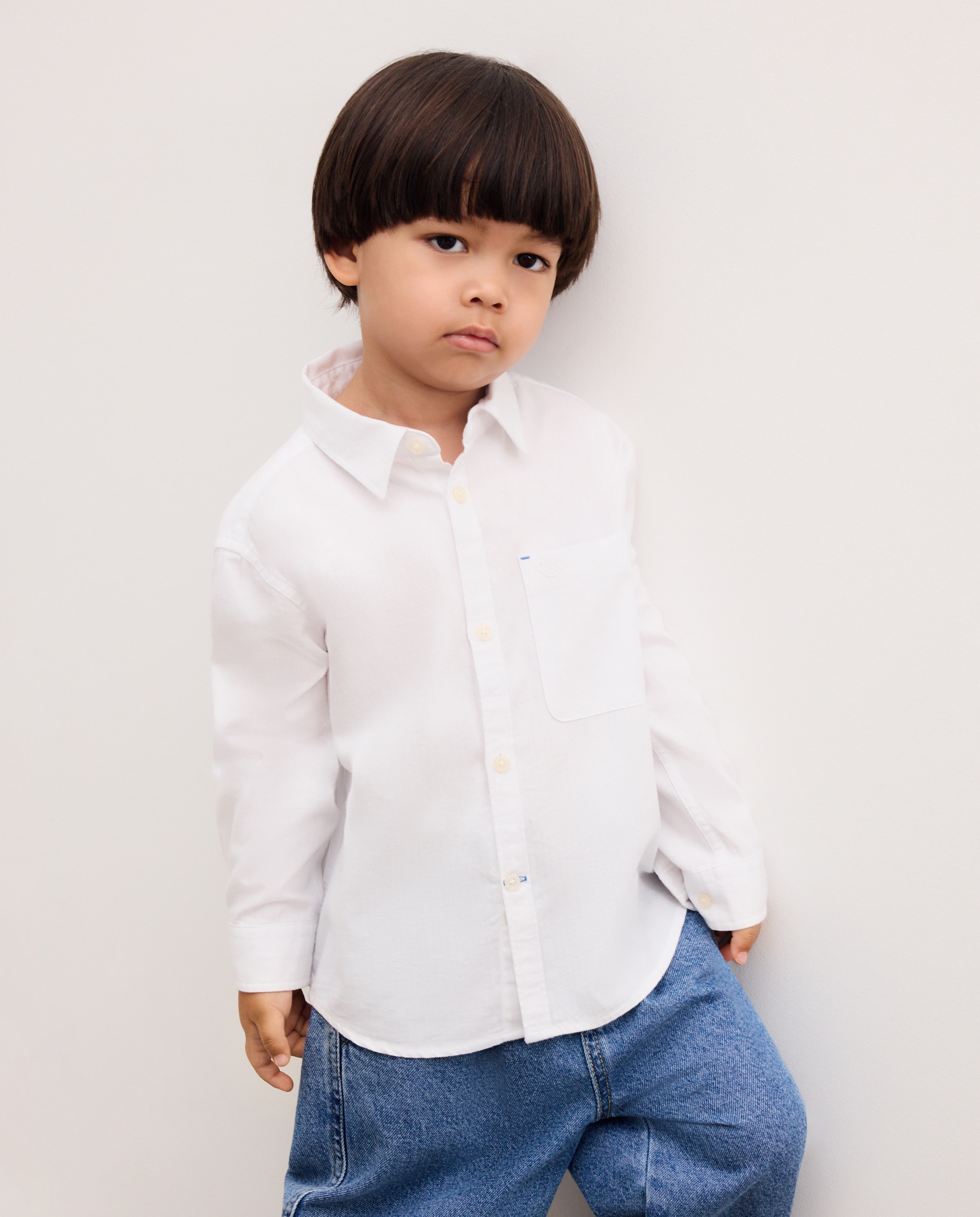 Camisa Herringbone com Manga Comprida e Colarinho de Camisa Branco-2