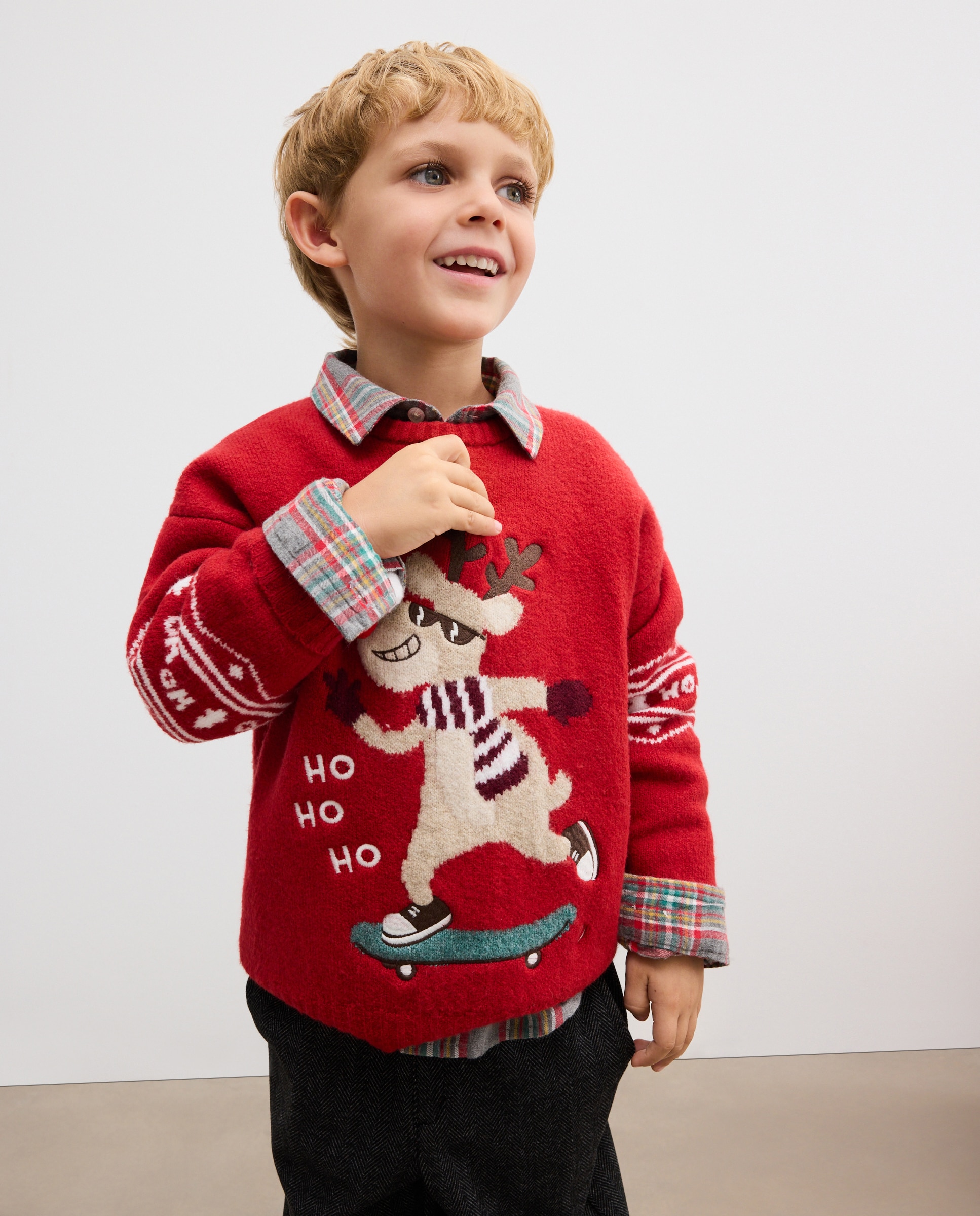 Camisola de Malha Básica com Gola Redonda e Fantasia Natal Vermelho-1