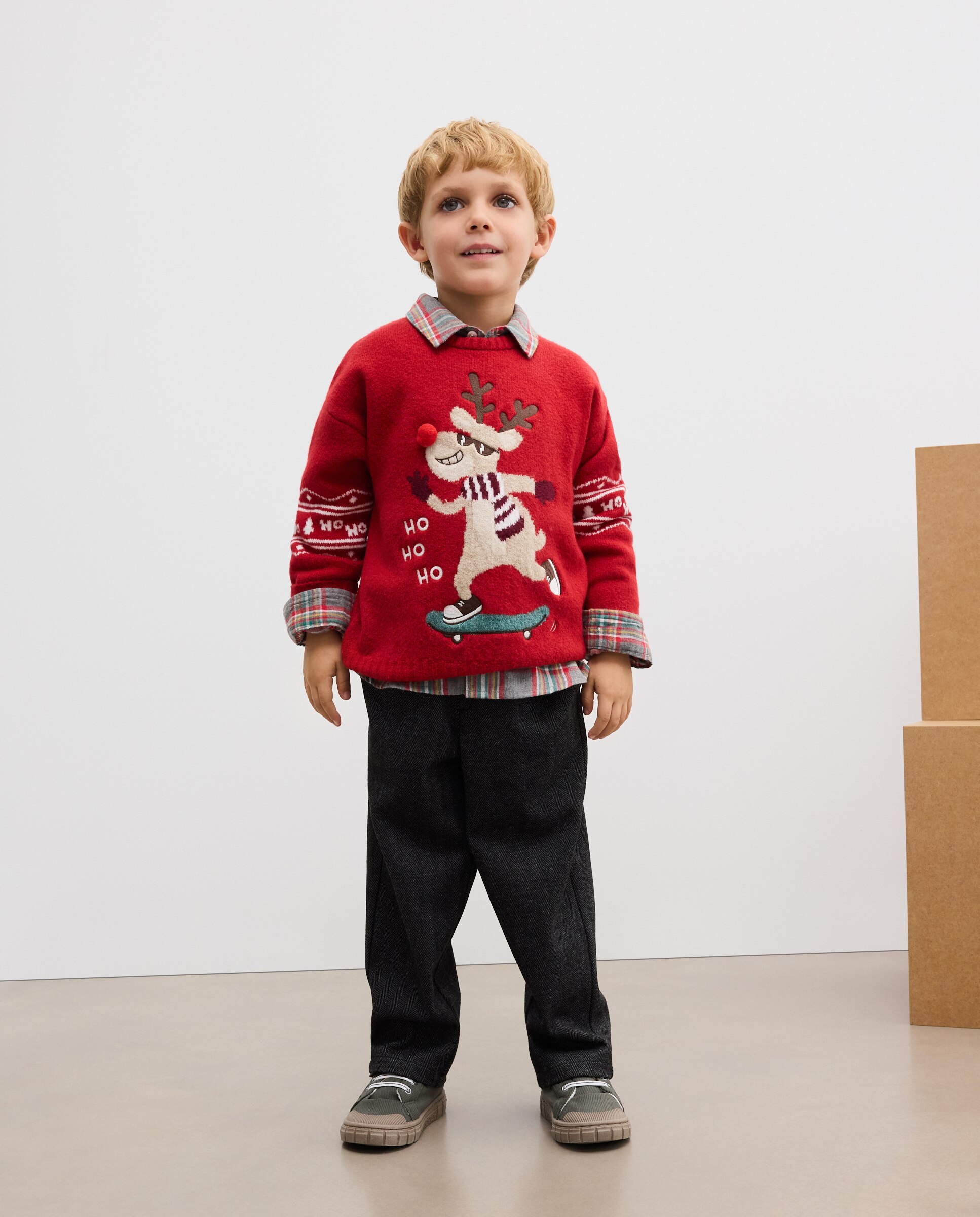 Camisola de Malha Básica com Gola Redonda e Fantasia Natal Vermelho-2