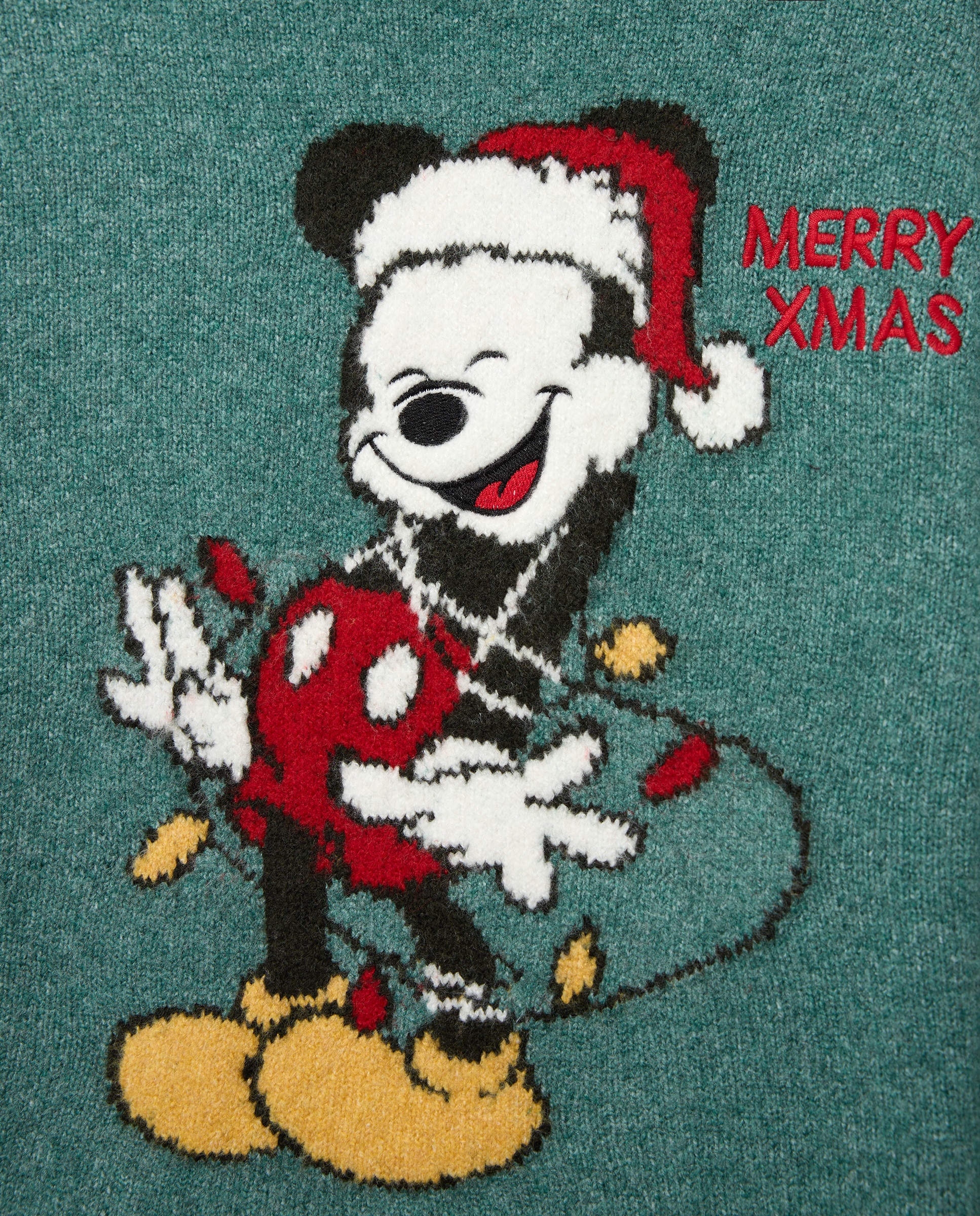 Camisola de Malha Básica com Gola Redonda e Fantasia Mickey Natal Verde-2