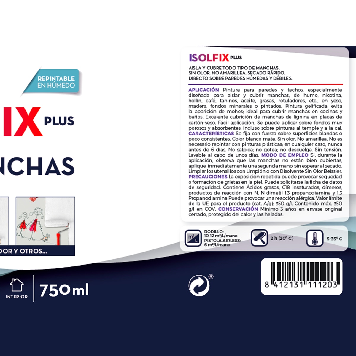 Pintura Cubremanchas Isolfix Plus 750 ml Blanco-2