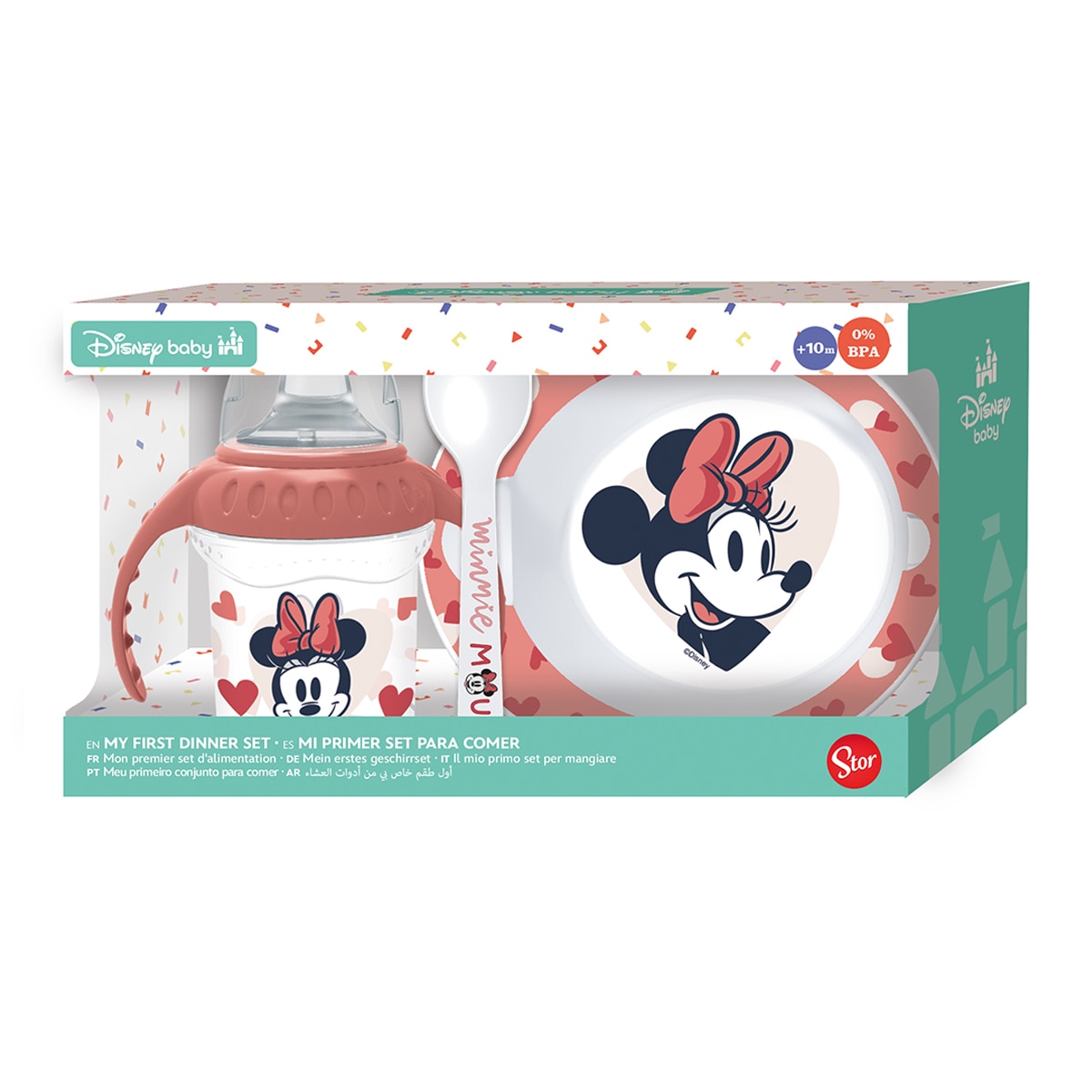 Stor set 3pcs vaso entrenamiento 250 ml plato y cuchara minnie mouse heart full Rosa-1