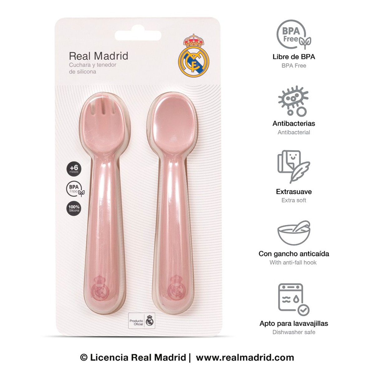 Cuchara y tenedor de silicona rosa Rosa-3