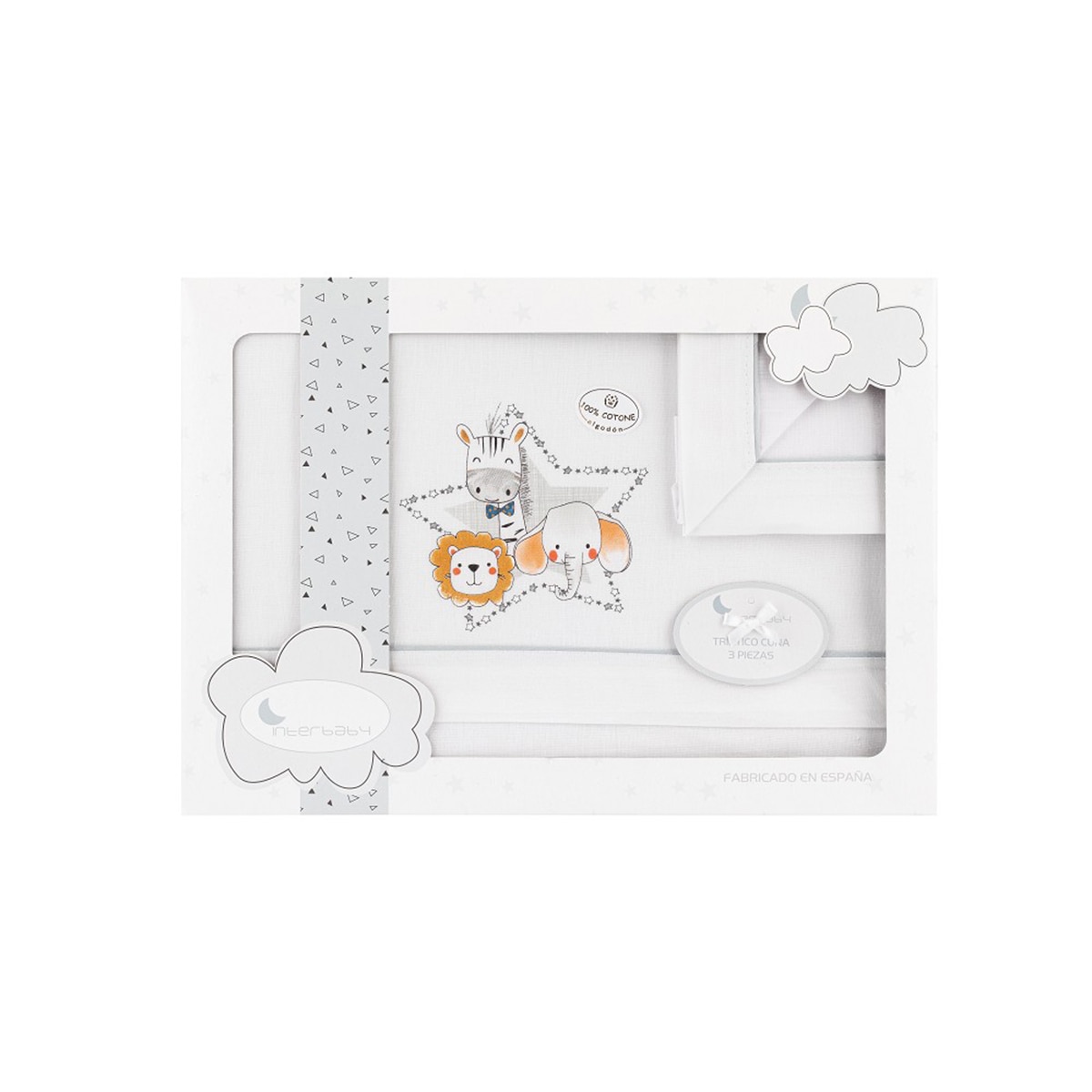 Juego de Sábanas 3 piezas para Coche de paseo/Cuco Interbaby Animalitos blanco/gris Blanco / Gris-1