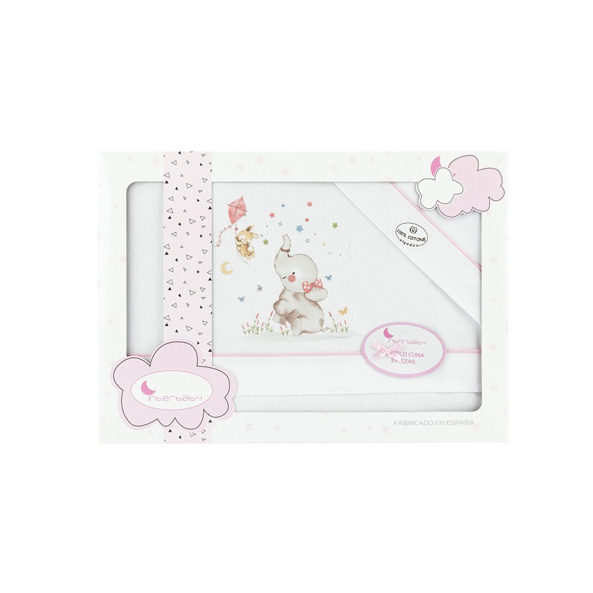 Juego de Sábanas 3 piezas para Cuna (60 x 120 cm.) Interbaby Elefante blanco/rosa Blanco/Rosa-1