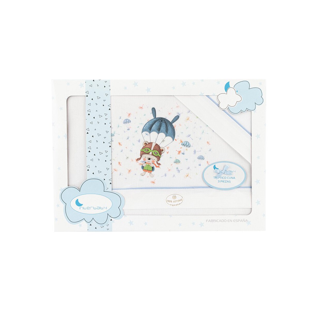 Juego de Sábanas 3 piezas para Cuna (60 x 120 cm.) Interbaby Oso Paracaídas blanco/azul Blanco / Azul-1