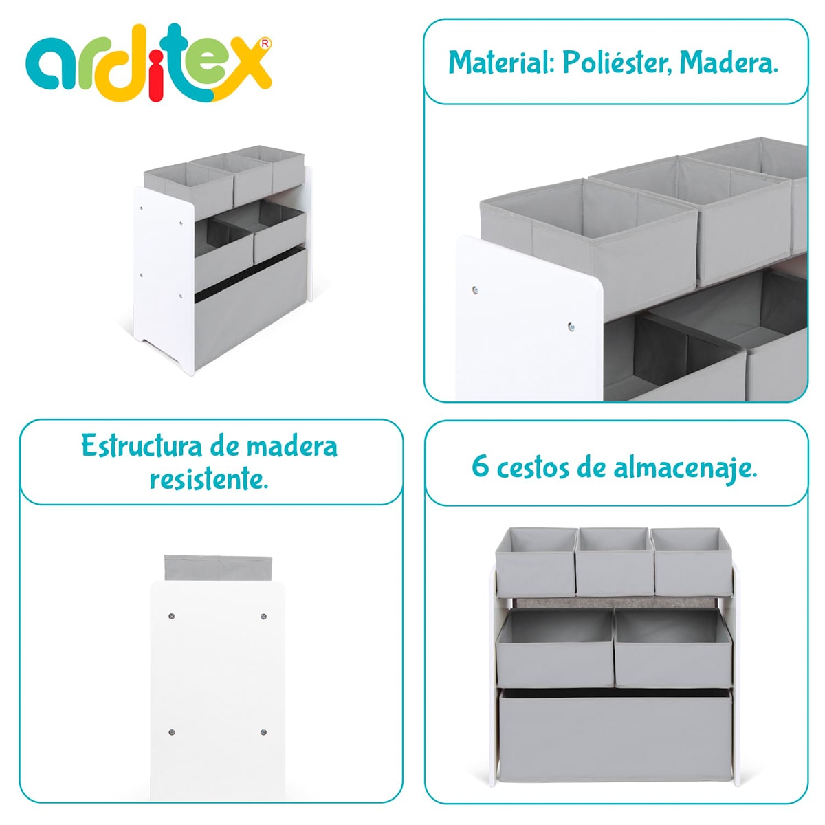 Organizador madera con 6 cubetas Blanco-9