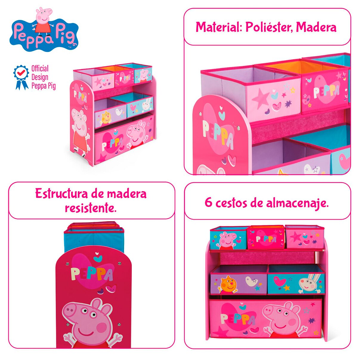Organizador madera 6 cubetas peppa pig Rosa-9
