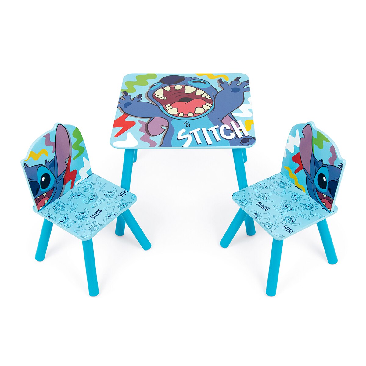 Set mesa + 2 sillas madera stitch Azul-2