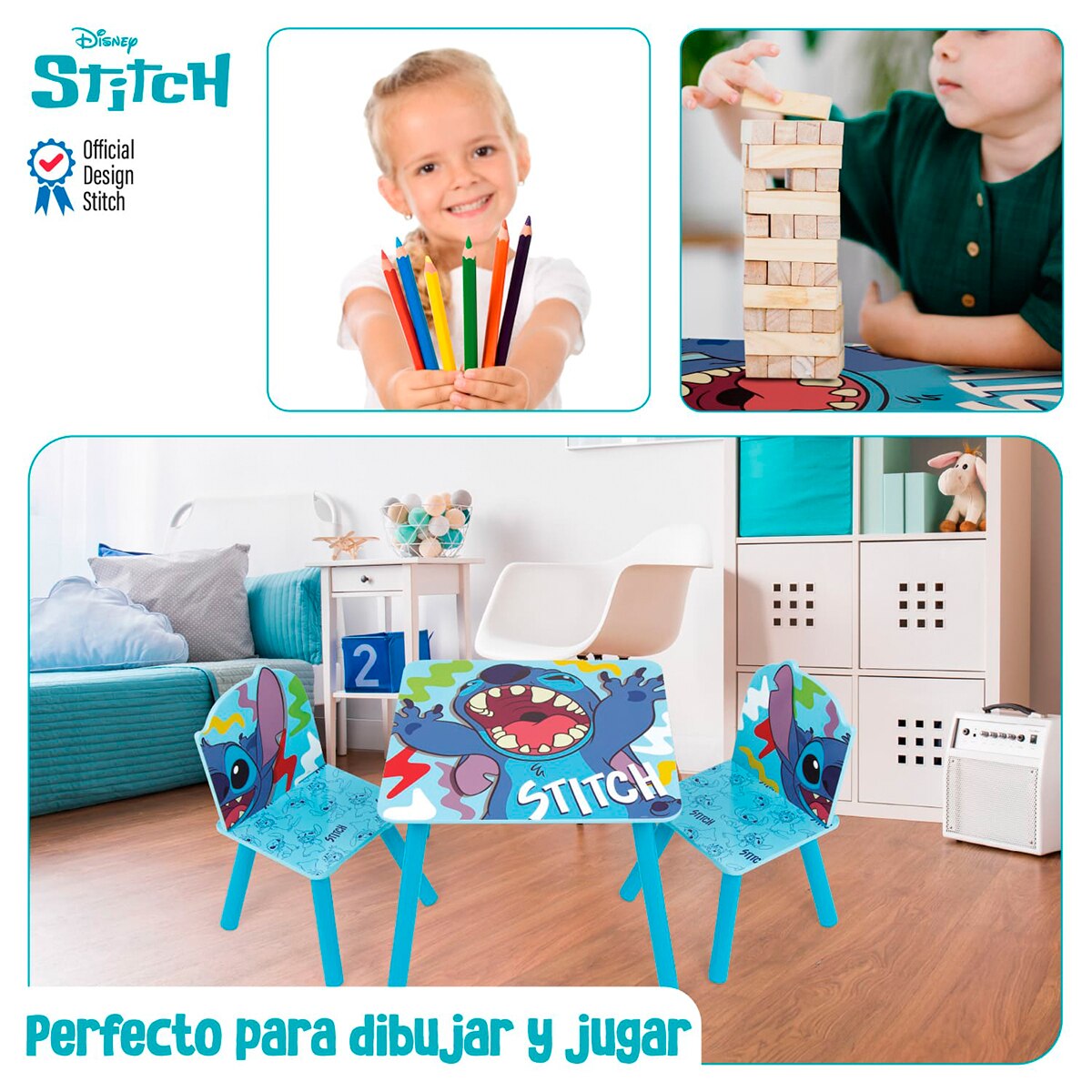 Set mesa + 2 sillas madera stitch Azul-11