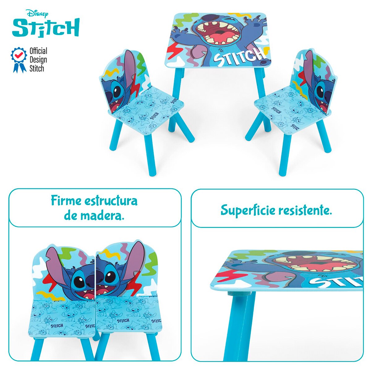 Set mesa + 2 sillas madera stitch Azul-12