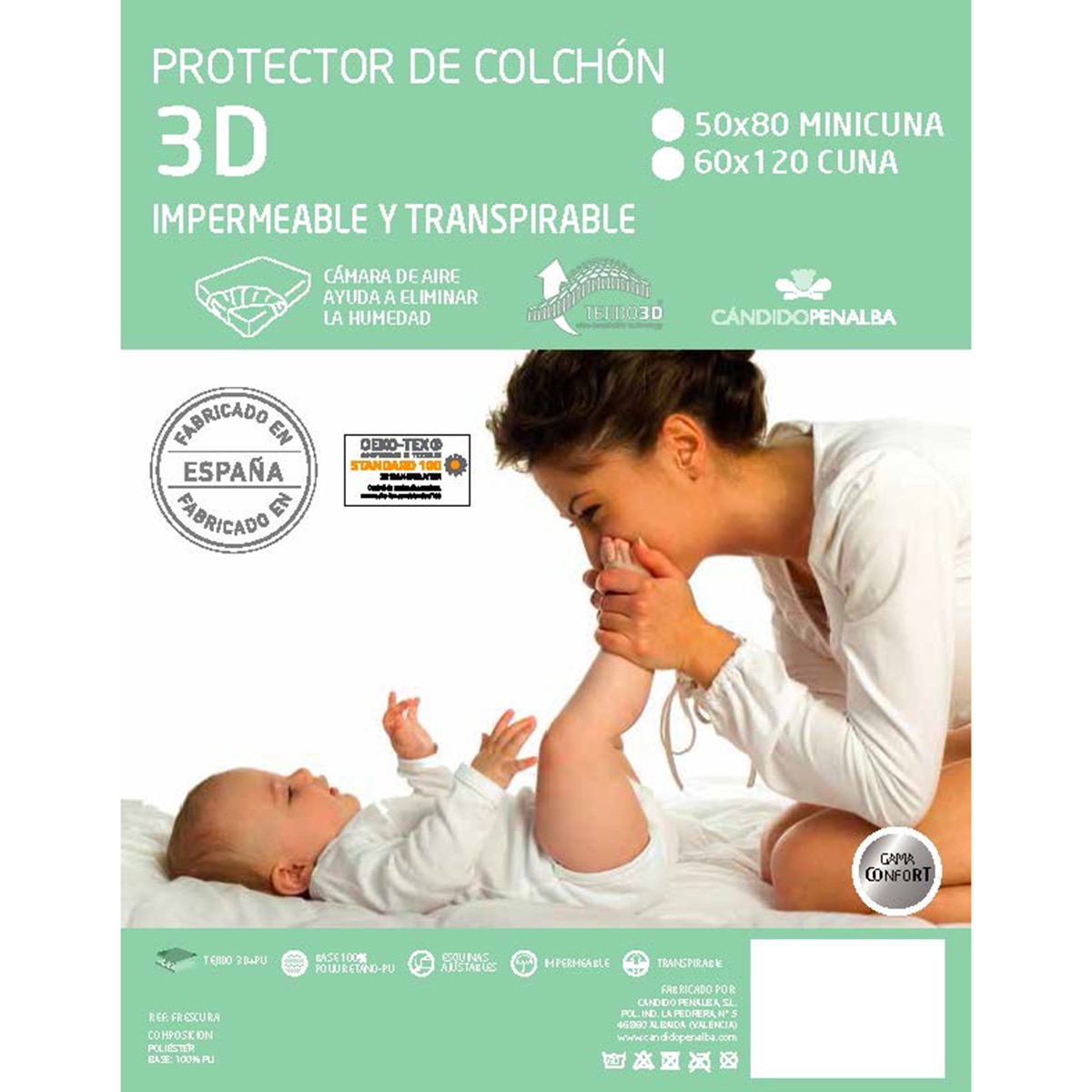 Protector para Colchón de Cuna (60 x 120 cm.) Cándido Peñalva 3D impermeable blanco Blanco-1
