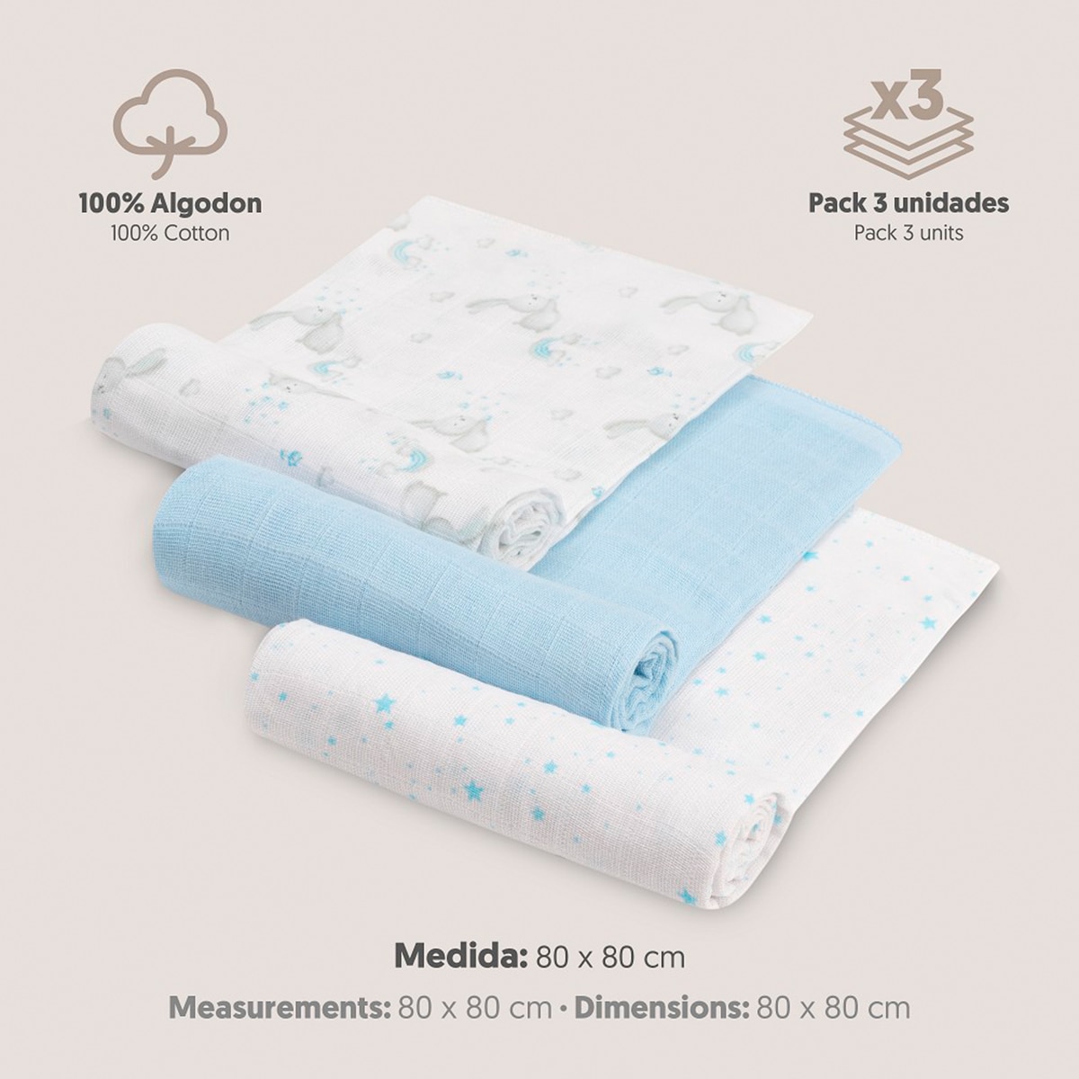 Set de 3 gasas 80X80 conejitos estrellas Azul-5